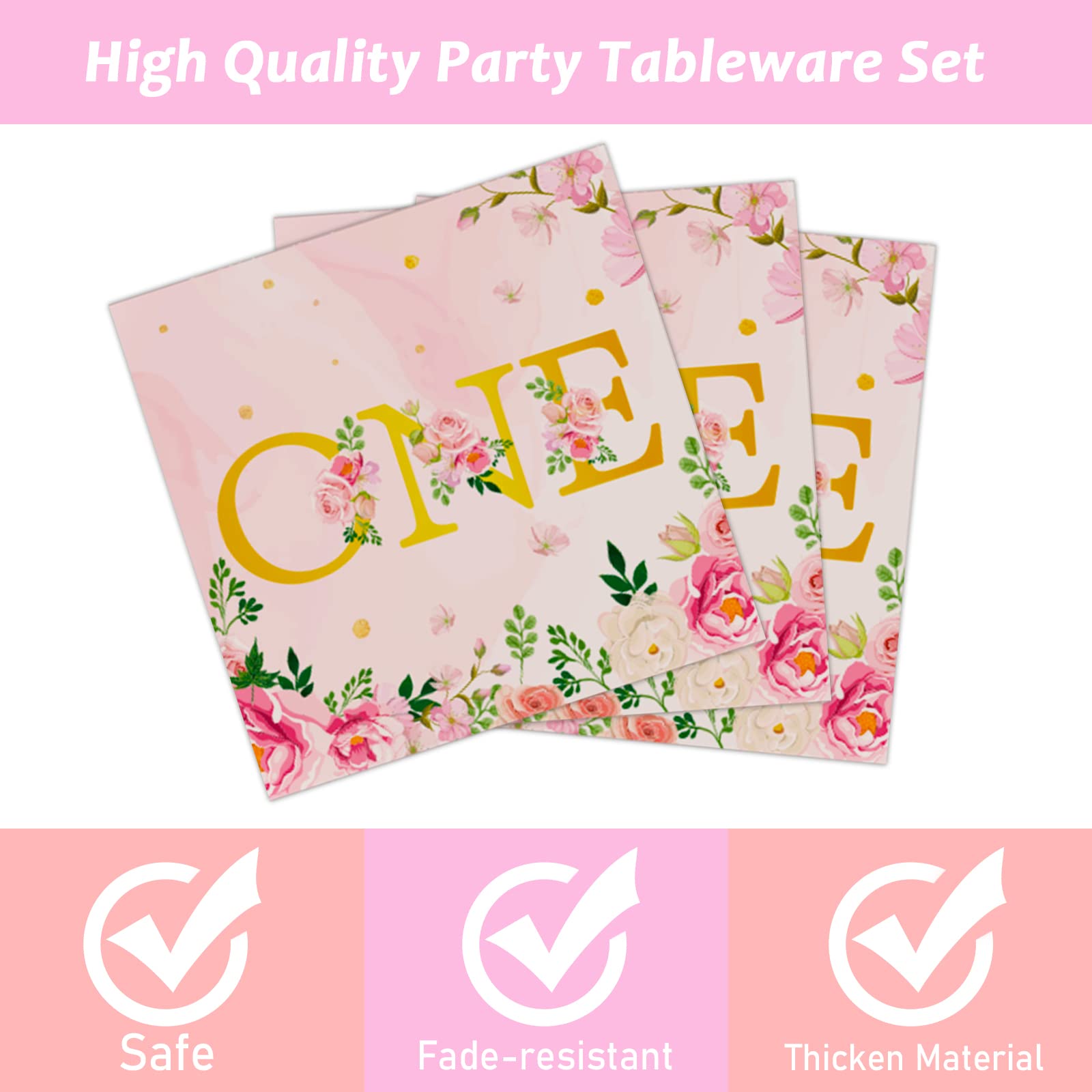 96Pcs 1st Birthday Party Supplies Set for Girls - Floral Themed Plates, Napkins & Tableware Decorations - Baby Shower & First Year Celebration - Serves 24 Guests - Perfect for Birthday Parties, Baby Showers & Special Milestone Events
