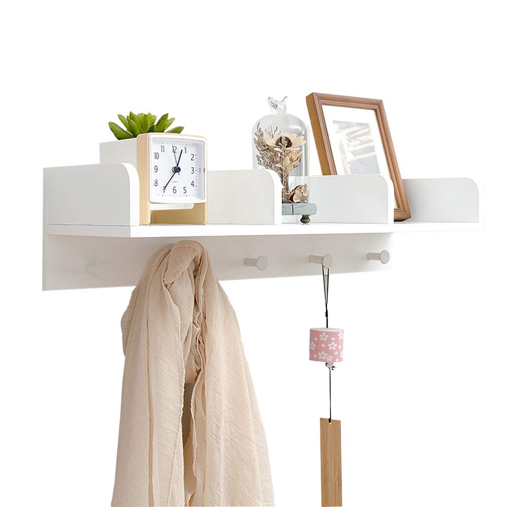 Chunlan Wall Mounted Coat Rack with 4 Hooks & Shelf - Solid Wood Entryway Organizer for Hallway, Bathroom, Living Room & Bedroom - White (24.8 x 7.9 x 5.9 inches) - Perfect for Small Spaces & Home Decor