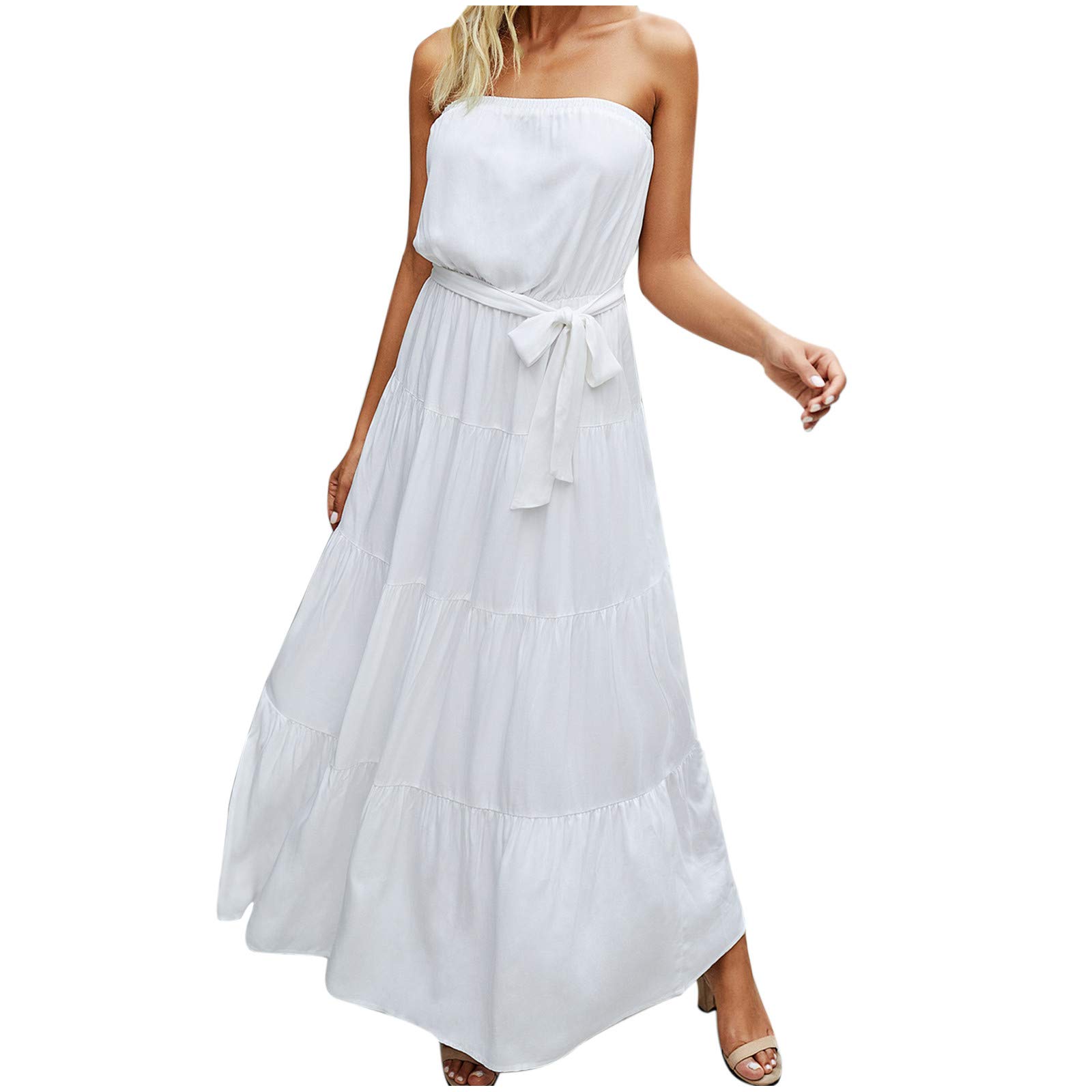 Sinzelimin Women's Maxi Dress - Summer Casual Tube Top Solid Color Loose Sleeveless Strapless Dress with Belts | Perfect for Beach Vacation, Outdoor Parties & Summer Getaways