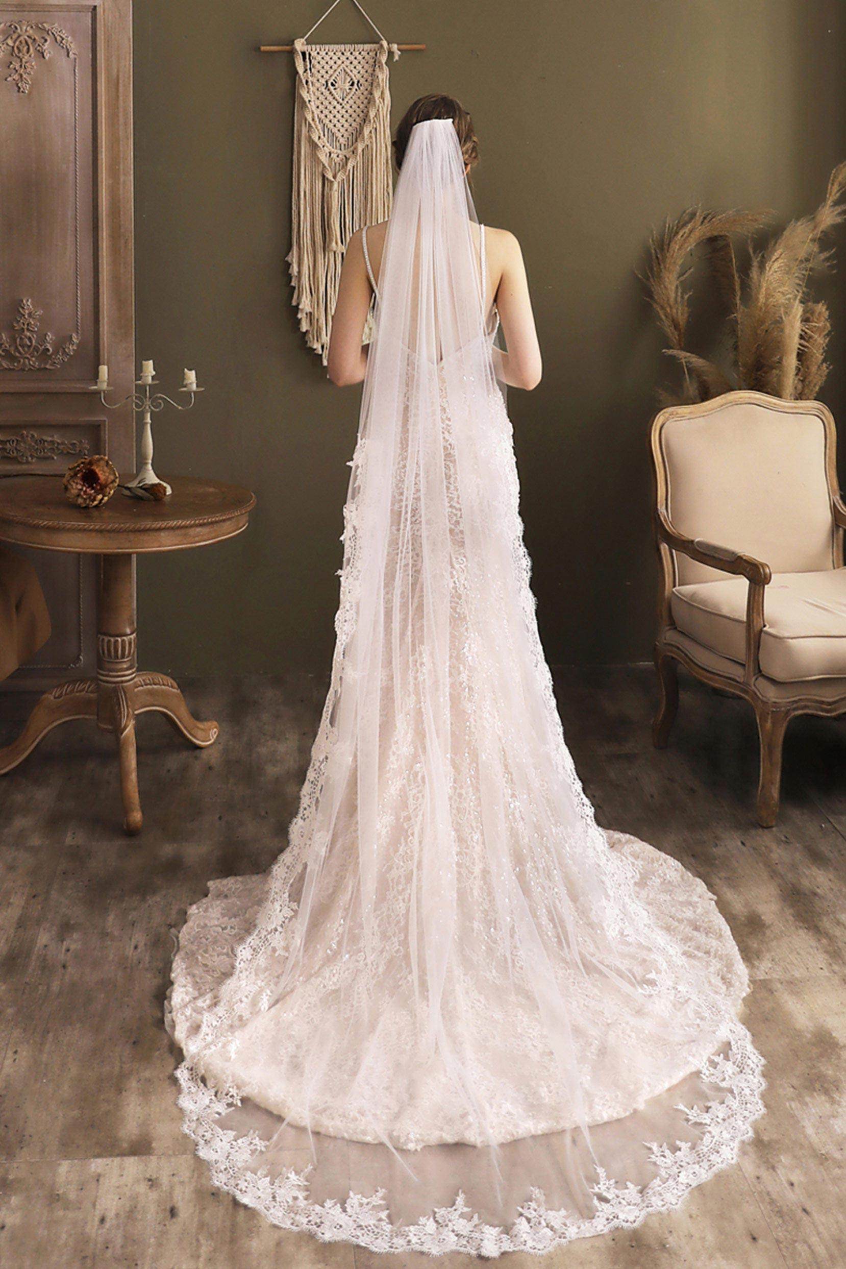 Elegant One-Tier Lace Edge Tulle Chapel Wedding Veil with Appliques - CV0264 | Perfect for Bridal Ceremonies, Photos & Romantic Occasions