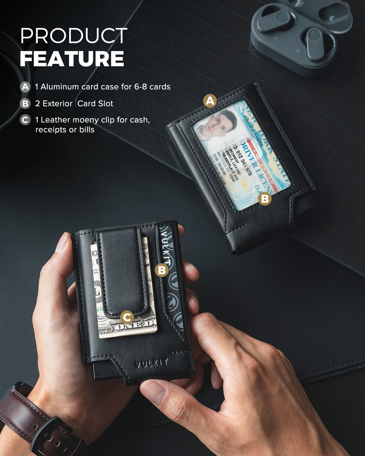 VC410 Slim Minimalist RFID Blocking Wallet for Men - Double Sided Card Slots & Money Clip | Perfect for Everyday Carry, Travel & Business Use