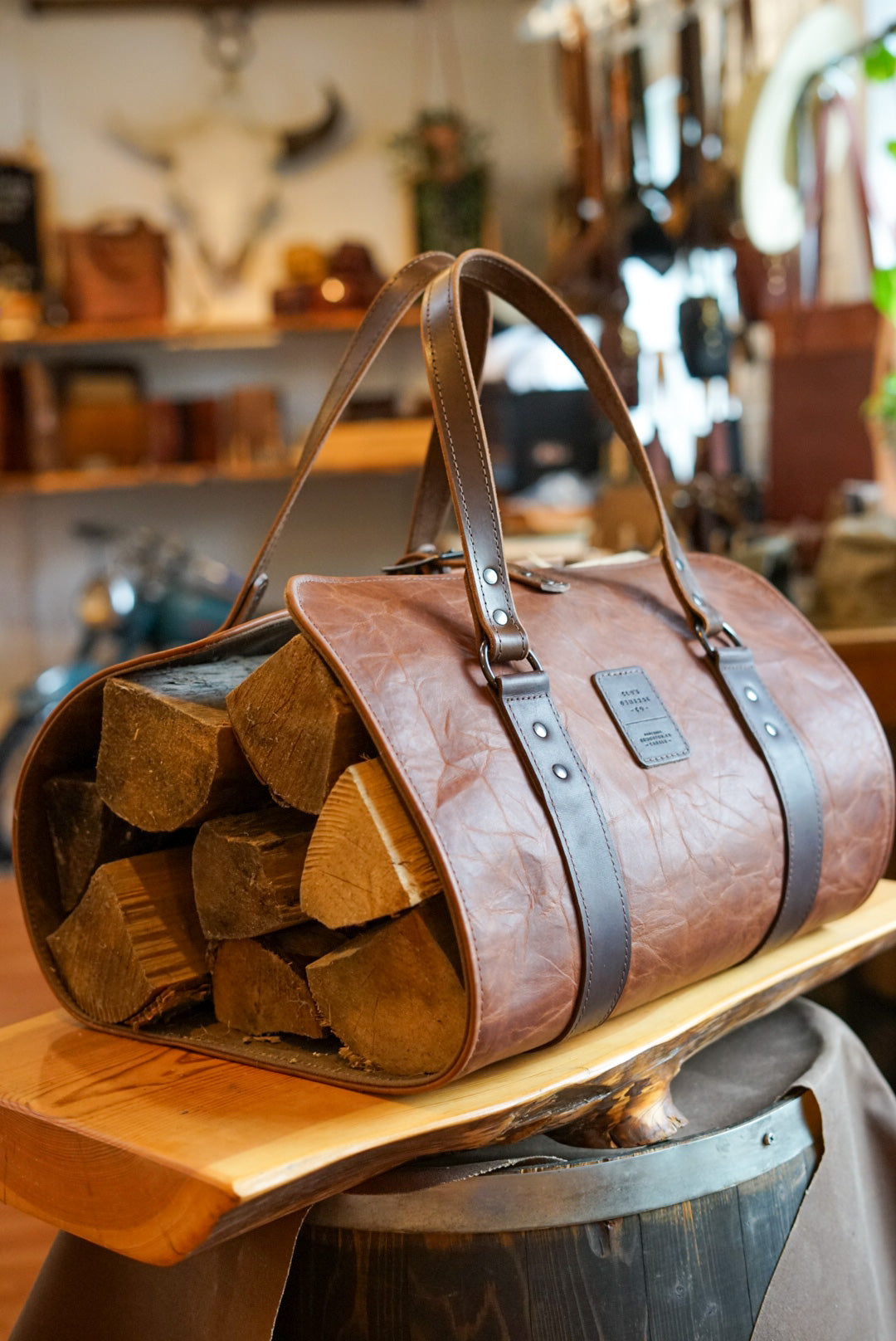 Premium Full Grain Leather Log Carrier - Cinnamon Brown - Heavy Duty Firewood Holder for Camping, Fireplace & Outdoor Use