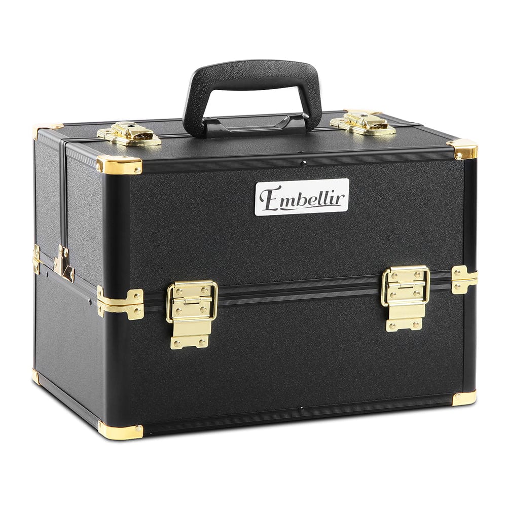 Embellir Portable Cosmetic Beauty Makeup Case - Travel Organizer for Makeup Brushes & Cosmetics | Black & Gold | Perfect for Travel, Home & Salon Use