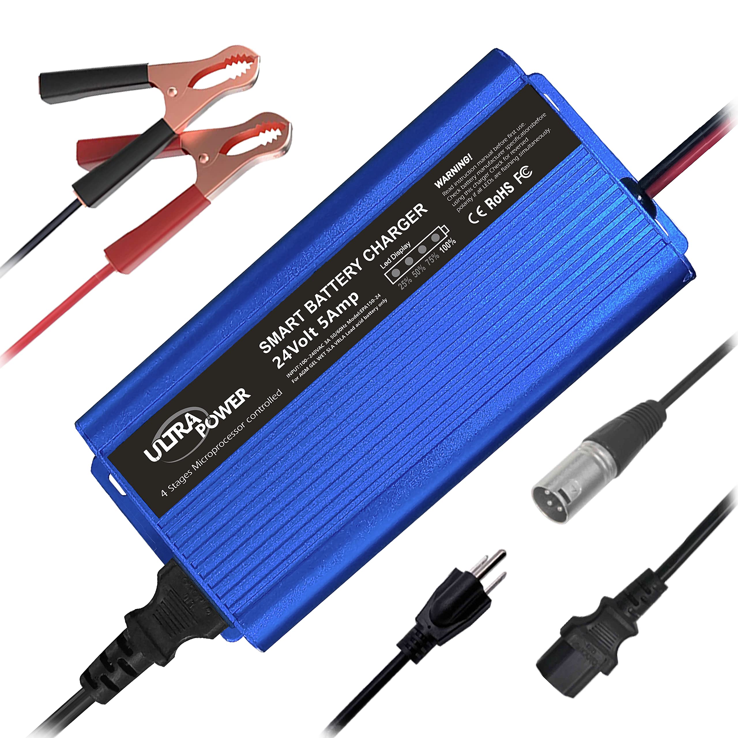 UltraPower 24V 5A Smart Battery Charger & Maintainer with Auto Desulfation - Compatible with Cars, Trucks, Marine Boats, Wheelchairs (I/O Switch & 3-Pin XLR Alligator Connector) - Perfect for Long-Term Vehicle Storage & Battery Maintenance