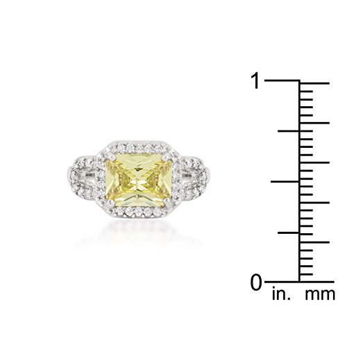 Rhodium Plated Halo Ring with Green Radiant Cut Cubic Zirconia & Pave CZ Accents - Split Shank Design - Size 5 - Elegant Bridal Jewelry for Engagement, Wedding & Anniversary Gifts