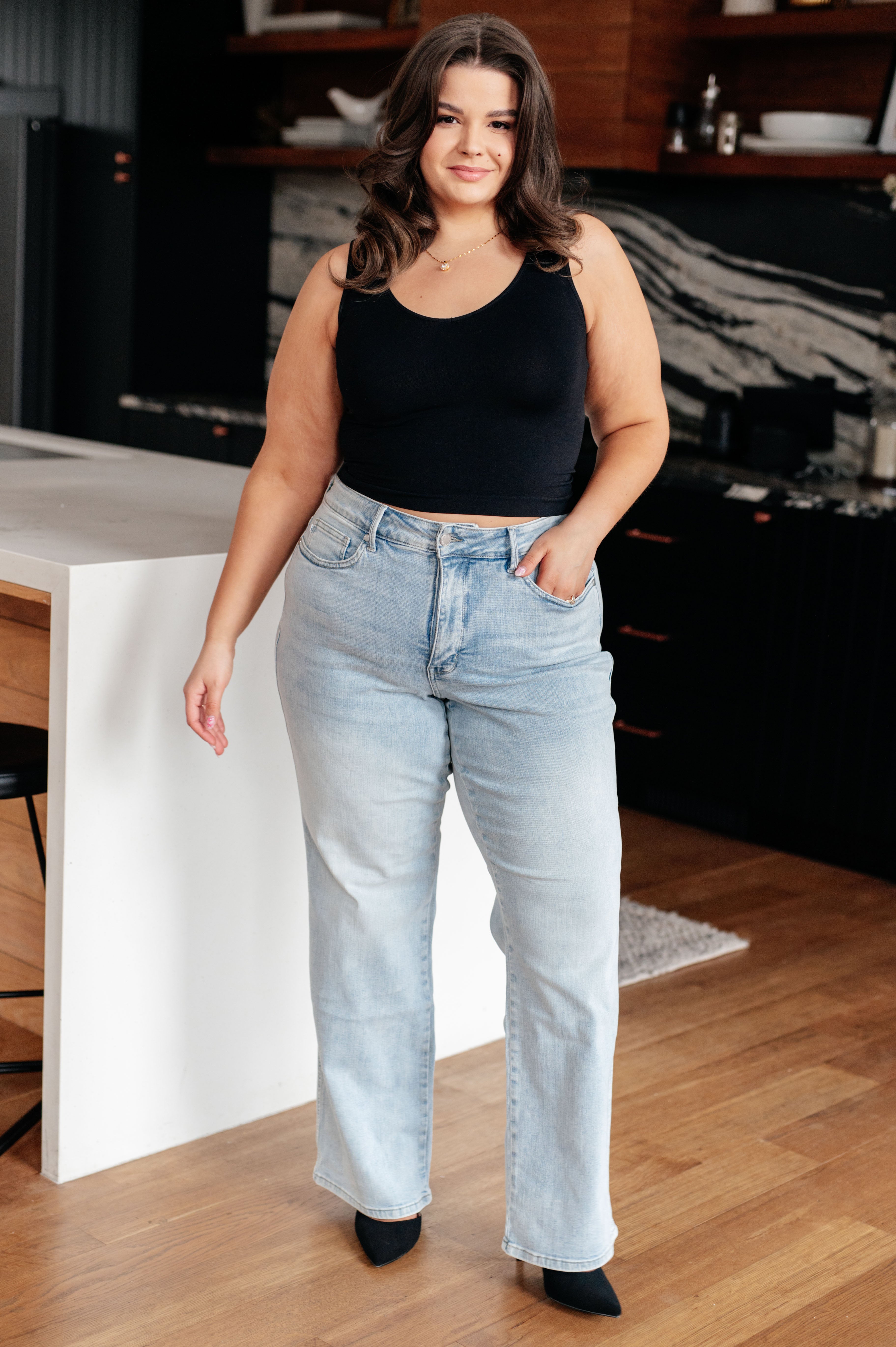 Brooke High Rise Control Top Vintage Wash Straight Jeans for Women - Slimming Denim Pants with Stretch, Comfortable & Flattering Fit - Perfect for Casual Wear, Office, and Night Out