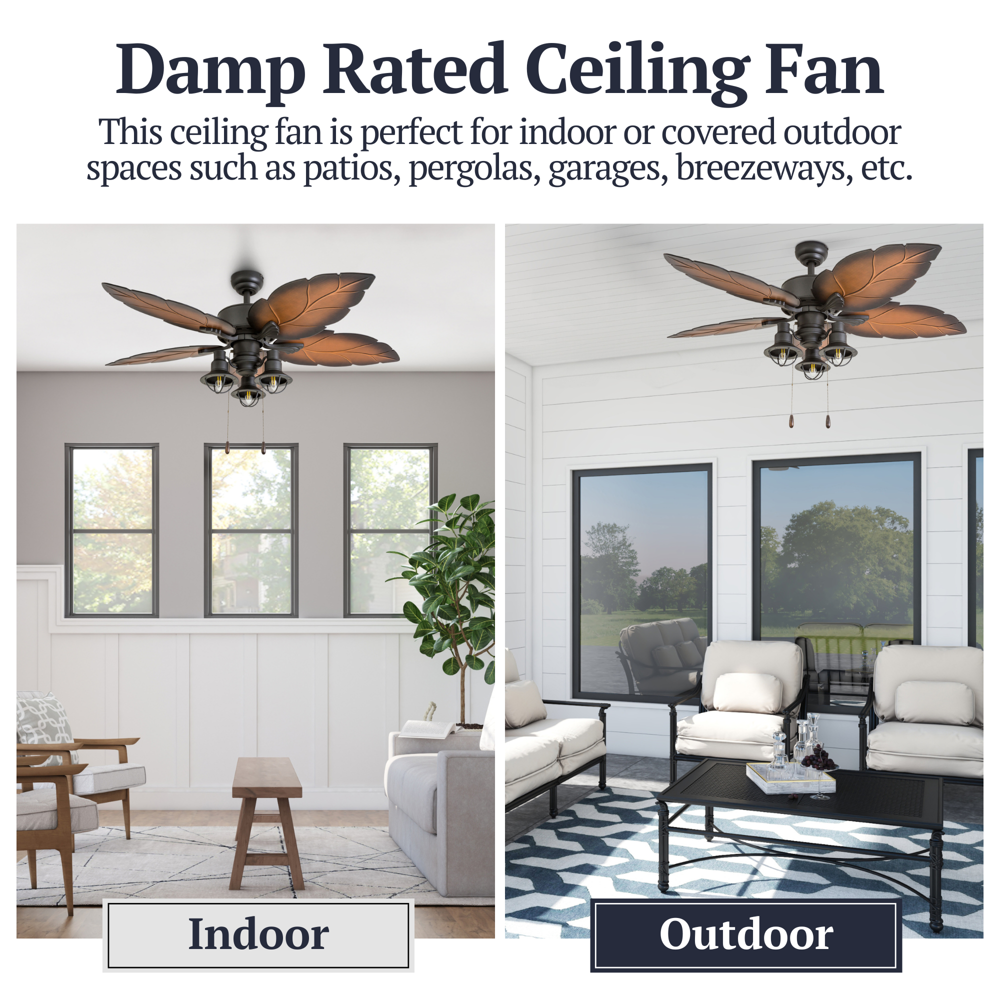 52 Inch Bronze Ocean Crest Ceiling Fan with Pull Chain - Indoor/Outdoor Use for Bedroom, Living Room, Patio & Covered Porch