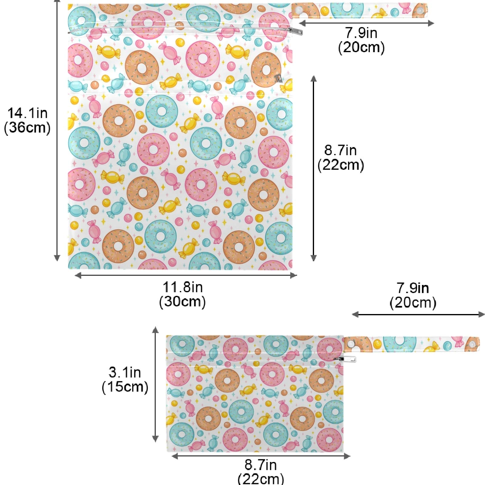 Visesunny 2-Pack Colorful Donut Print Wet Bags with Zippered Pockets - Reusable & Washable Waterproof Storage for Swimsuits, Gym Clothes, Diapers - Perfect for Travel, Beach, Pool, Daycare, Stroller & Toiletries Organization