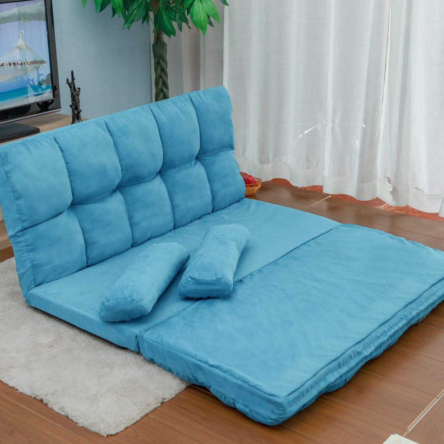 Danxee Double Chaise Lounge Sofa Chair - Floor Couch with 2 Pillows for Living Room, Bedroom & Patio - Modern Comfortable Seating Furniture (Blue)
