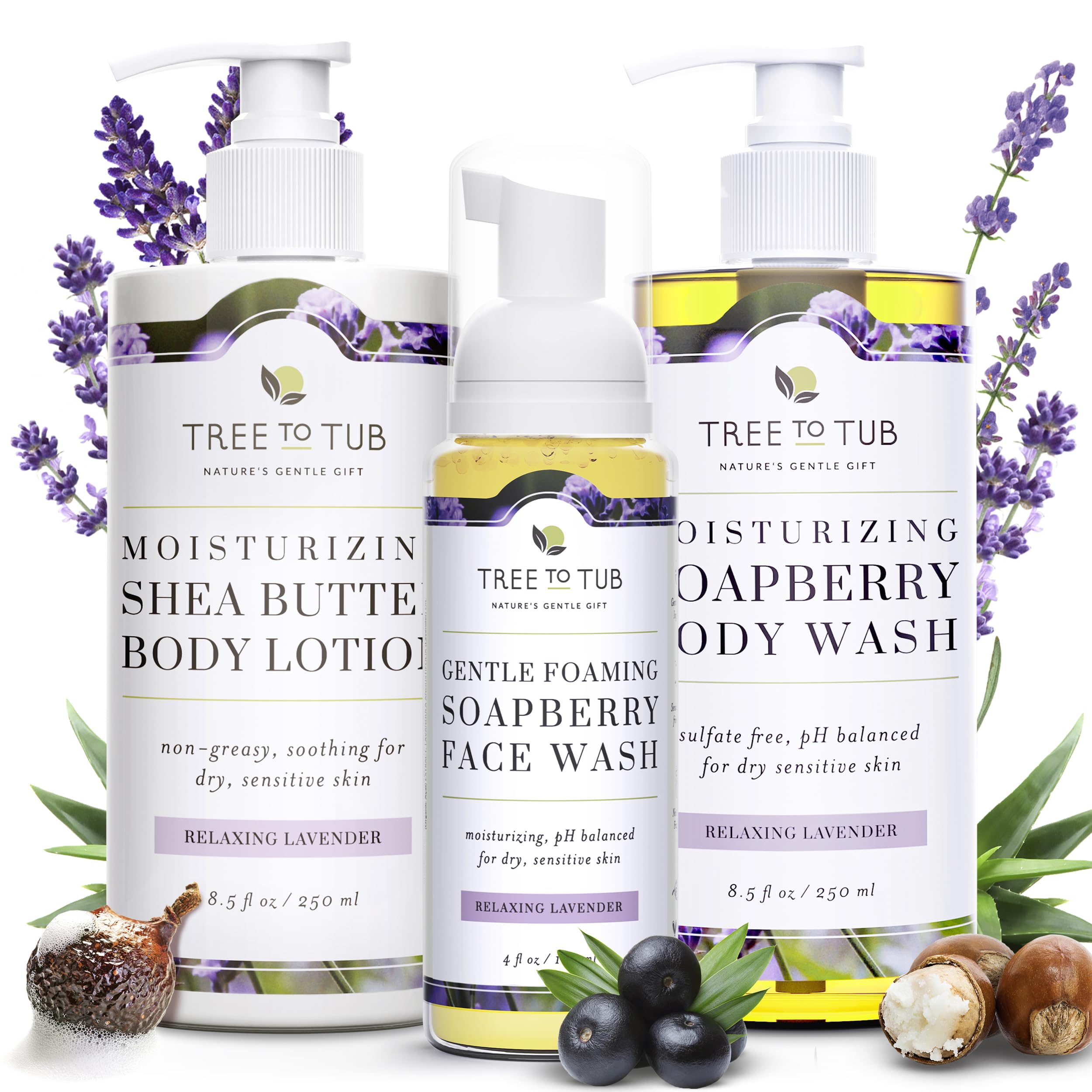 Tree to Tub Lavender Shea Butter Body Lotion & Face Wash for Dry & Sensitive Skin | pH Balanced Hydrating Lavender Body Wash with Organic Shea Butter & Aloe Vera for Women & Men | Perfect for Daily Moisturizing & Soothing Irritated Skin