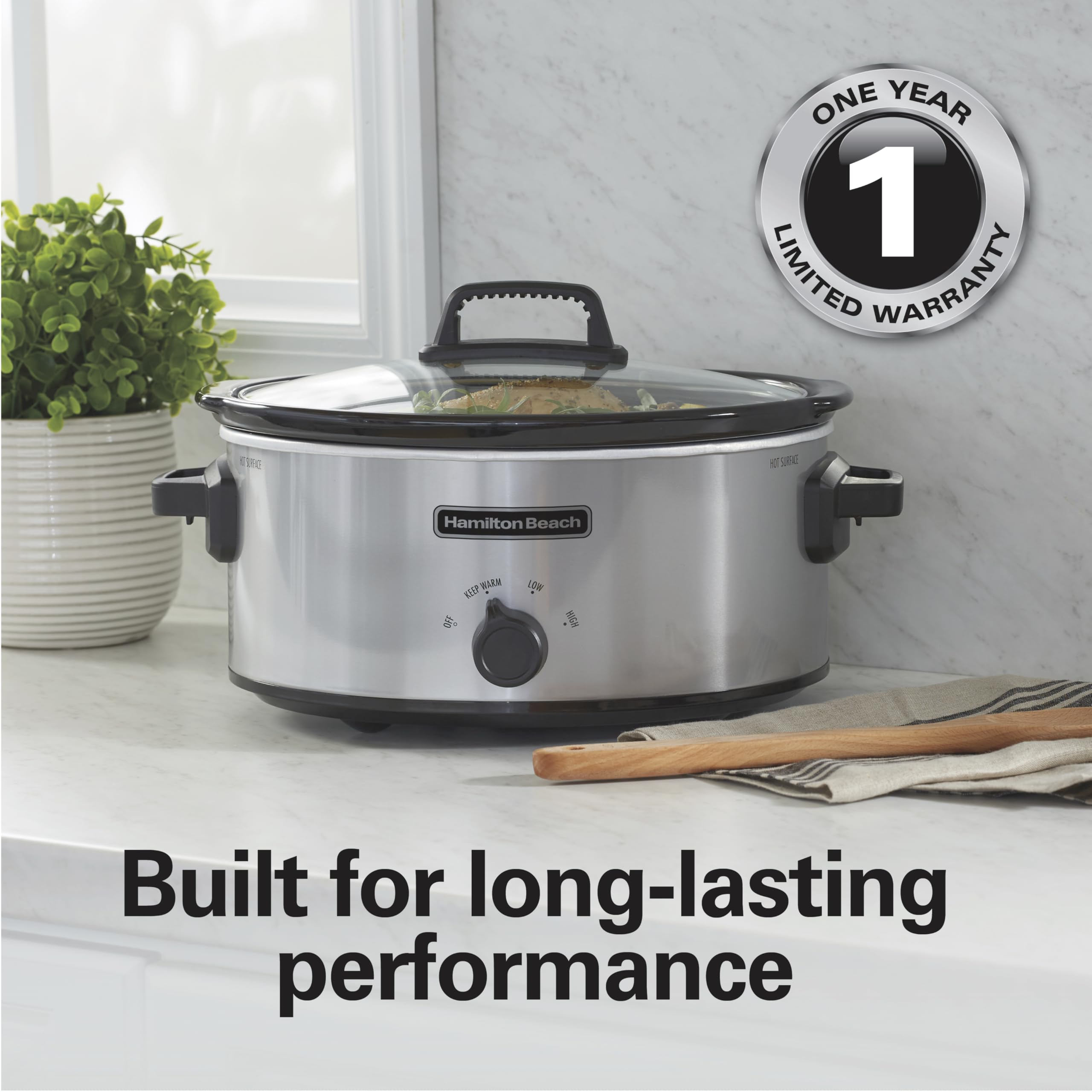 Hamilton Beach 6-Quart Slow Cooker with 3 Cooking Settings - Dishwasher-Safe Stoneware Crock & Glass Lid - Silver (33665G) - Perfect for Family Dinners, Potlucks & Meal Prep