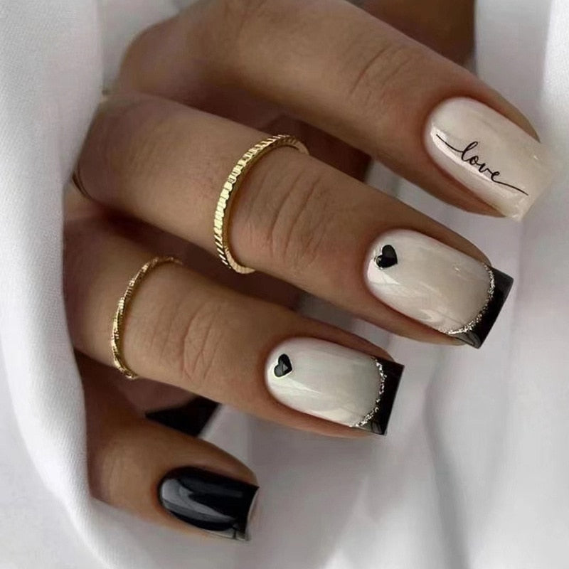 24Pcs Black French Square False Nails with Rhinestone Stripes - Full Cover Press on Nails for Manicure - Detachable Fake Nails for Party, Wedding & Special Occasions
