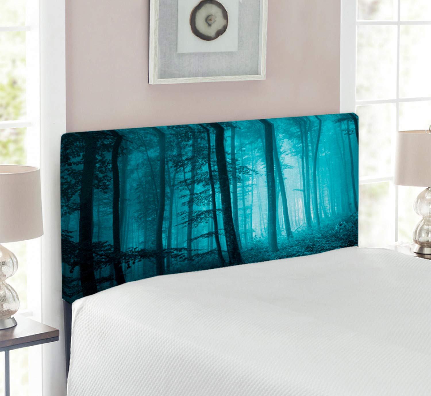 Ambesonne Mystic Headboard - Dark Forest Landscape Upholstered Metal Bed Frame with Memory Foam, Twin Size, Teal | Perfect for Bedroom Decor, Guest Rooms & Cozy Cabin Retreats