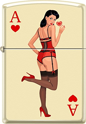 Zippo Ace of Hearts Windproof Lighter with Woman Design - Matte Cream Finish - Perfect for Outdoor Adventures, Camping & Collectors