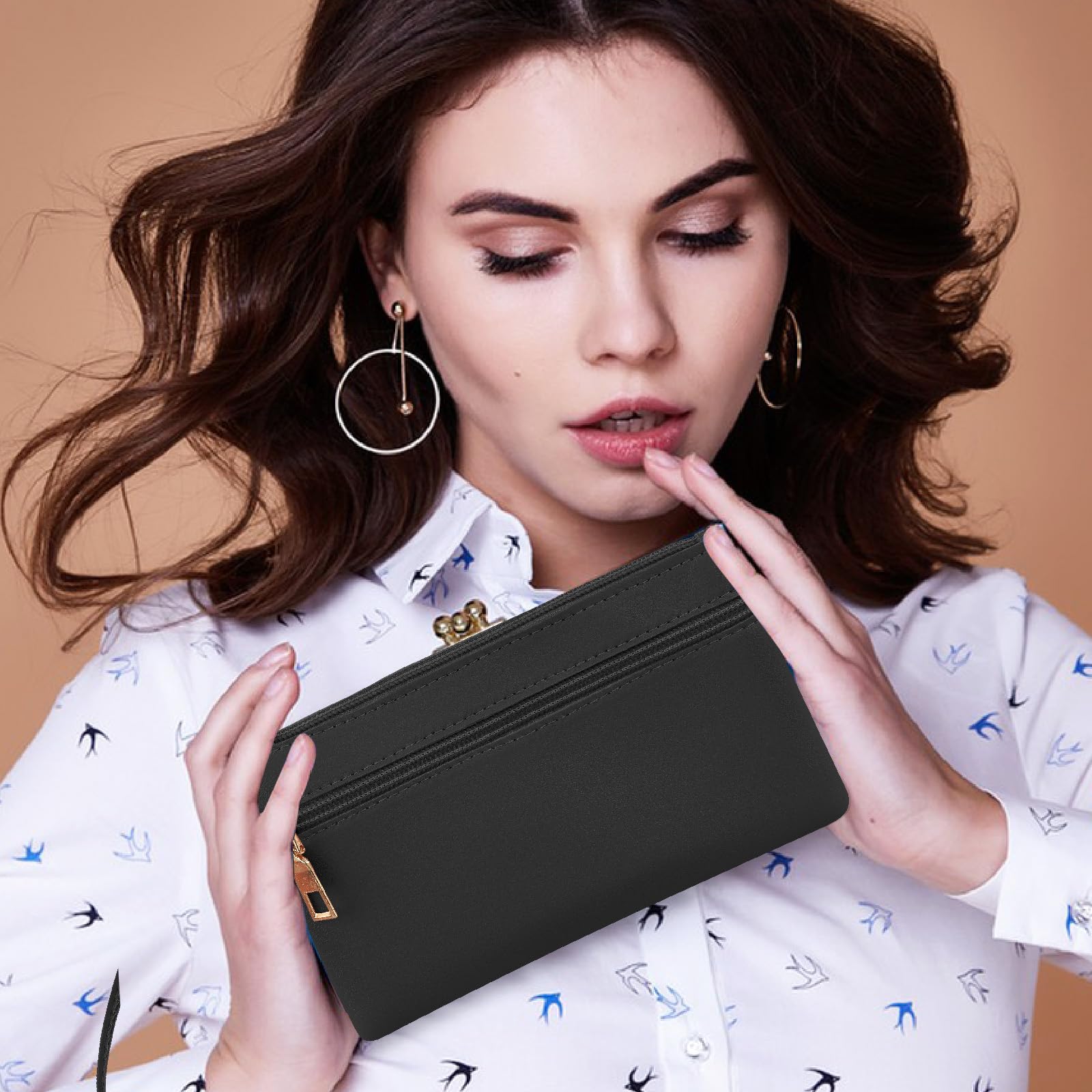 Women's Leather Wristlet Clutch with Double Zipper - Large Capacity Phone Wallet for iPhone & Cards - Perfect for Evening Parties, Travel, and Daily Use
