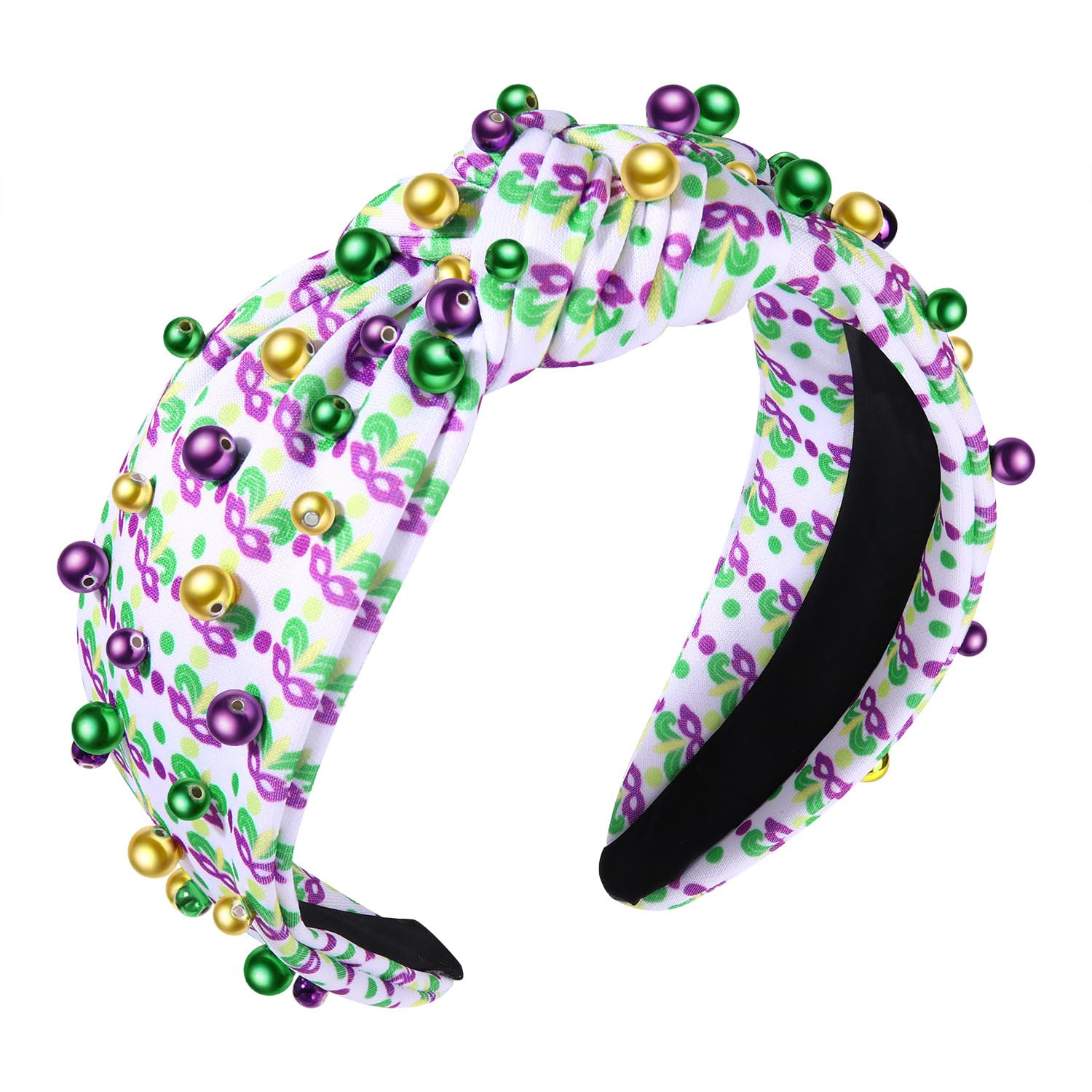 Women's Mardi Gras Headband with Purple Green Gold Beads & Fleur De Lis Mask - Knotted Carnival Hair Accessories for Parades, Parties & Festivals - Perfect Gift for Costume Events & Themed Celebrations