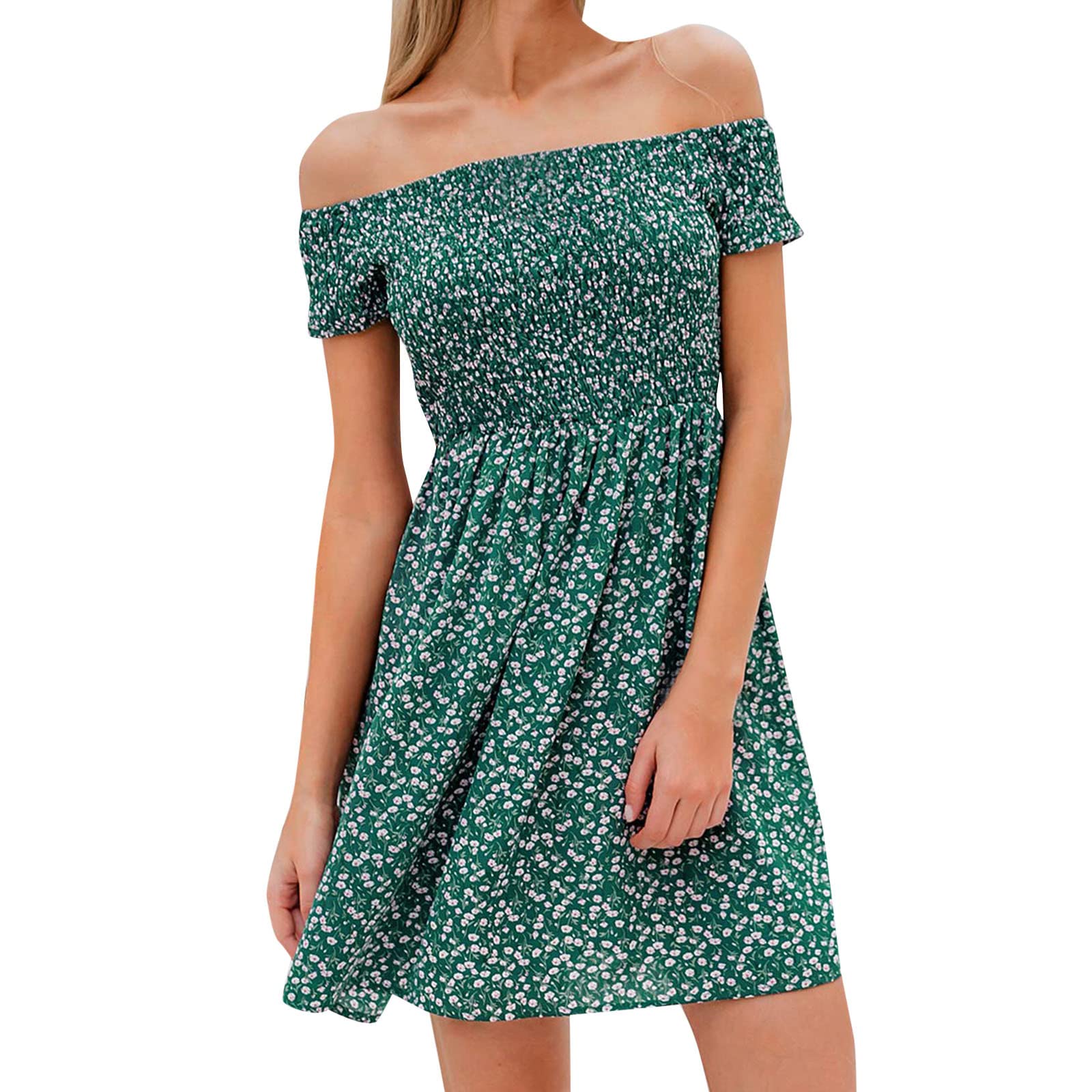 QUESE Women's Off Shoulder Floral Print Mini Dress - Summer Loose Sexy Short Sleeve Dress for Casual Wear, Beach Vacation, Date Night and Party Outfits
