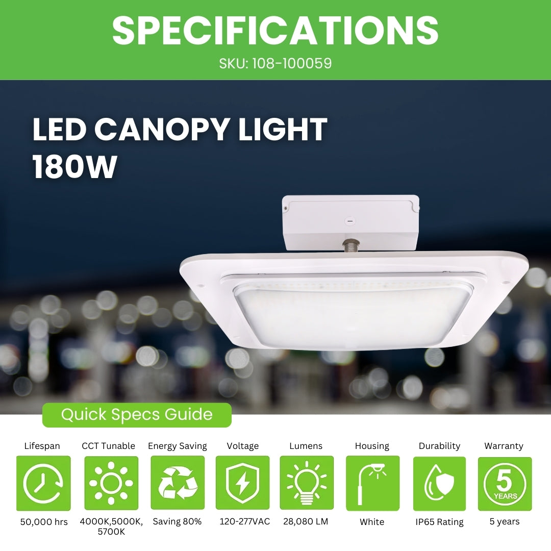 180W LED Canopy Light for Gas Stations - 5700K Bright White - UL & DLC Certified - Weatherproof JBox - Perfect for Outdoor Commercial Lighting at Convenience Stores, Parking Lots & Car Washes