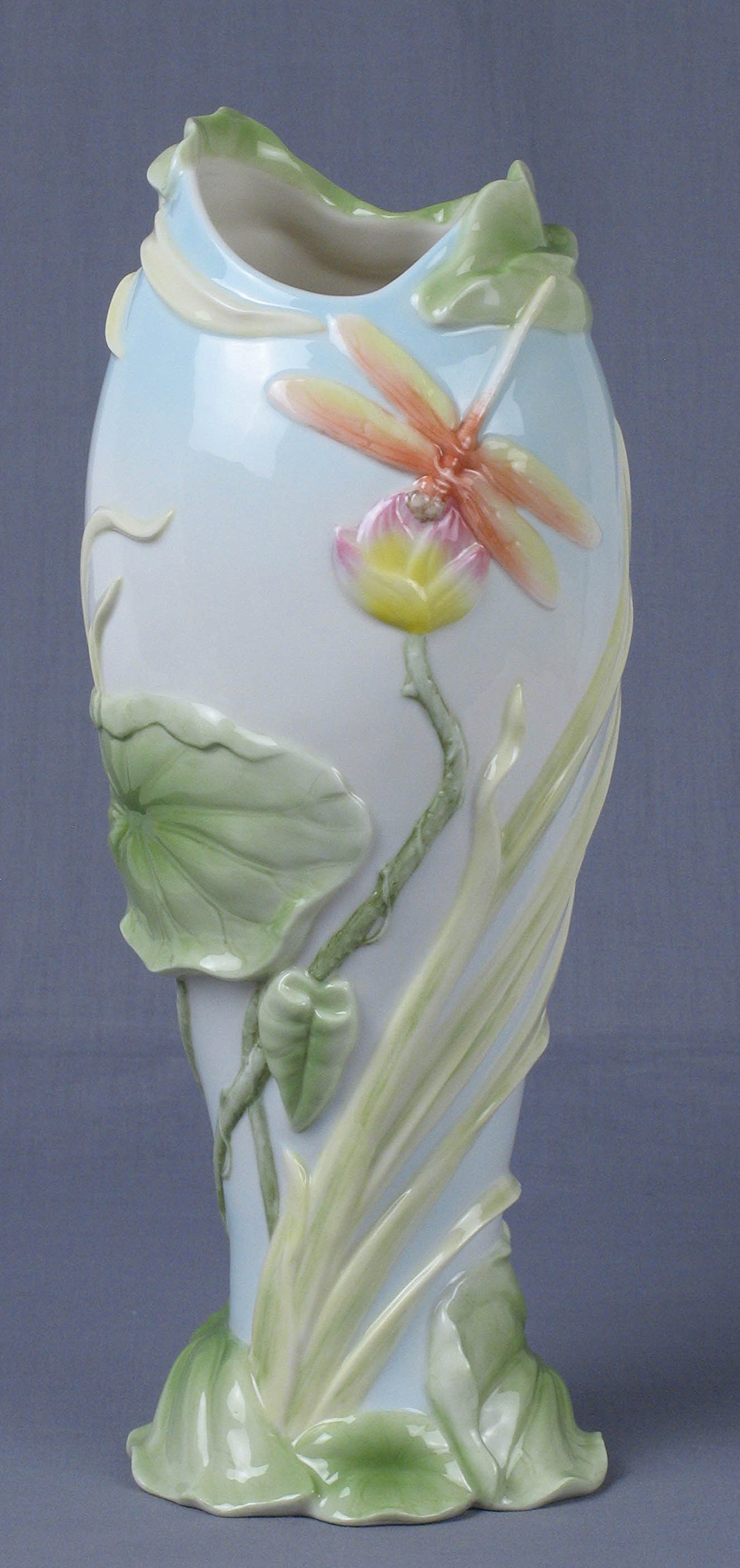 11.5 Inch Tall Glass Vase with Hand-Painted Orange Yellow Dragonflies & Pink Lilies - Elegant Home Decor for Living Room, Dining Table, Wedding Centerpiece