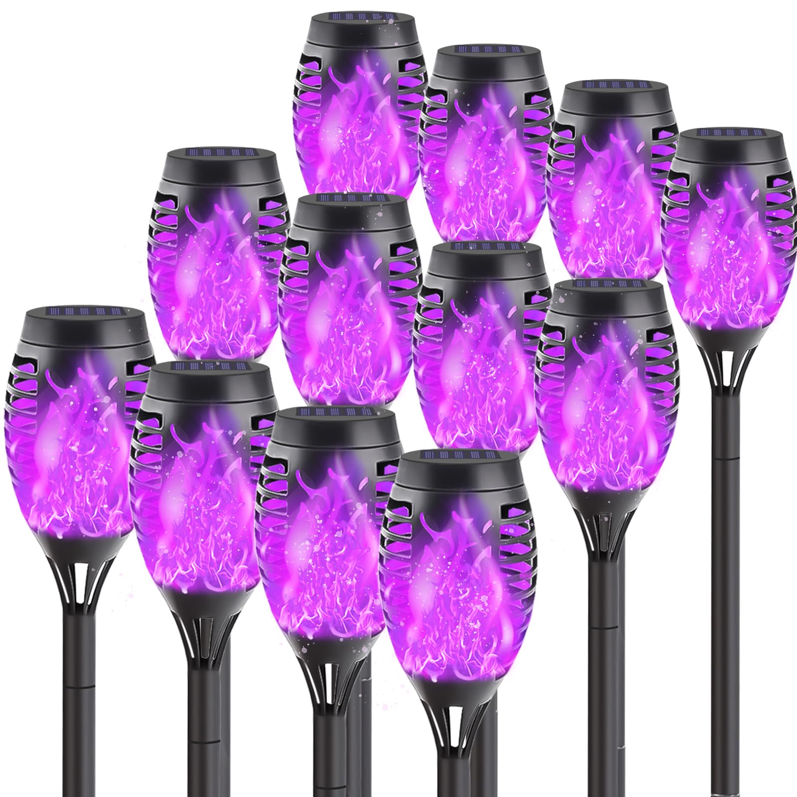 12-Pack Solar Tiki Torches Outdoor Waterproof - Super Bright Flickering Flame Halloween Decorations for Patio, Yard, Porch & Garden (Purple) | Perfect for Halloween Party, Backyard Lighting & Pathway Illumination