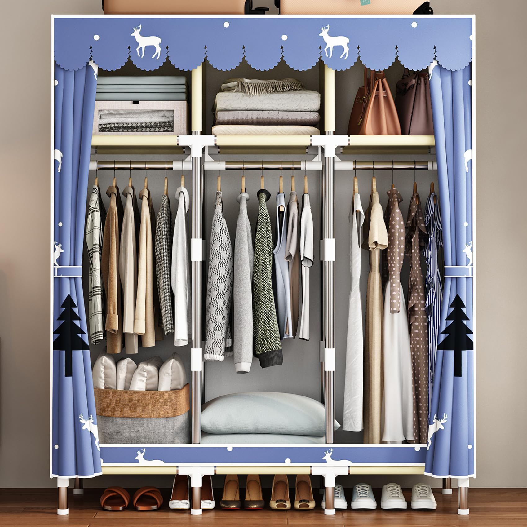 Portable Wardrobe Closet with Shelves & 3 Hanging Rods - Blue Fabric Clothes Organizer with Non-Woven Cover & 22MM Metal Frame | Perfect for Bedroom Storage, Seasonal Clothes, Christmas Decorations & Small Space Organization