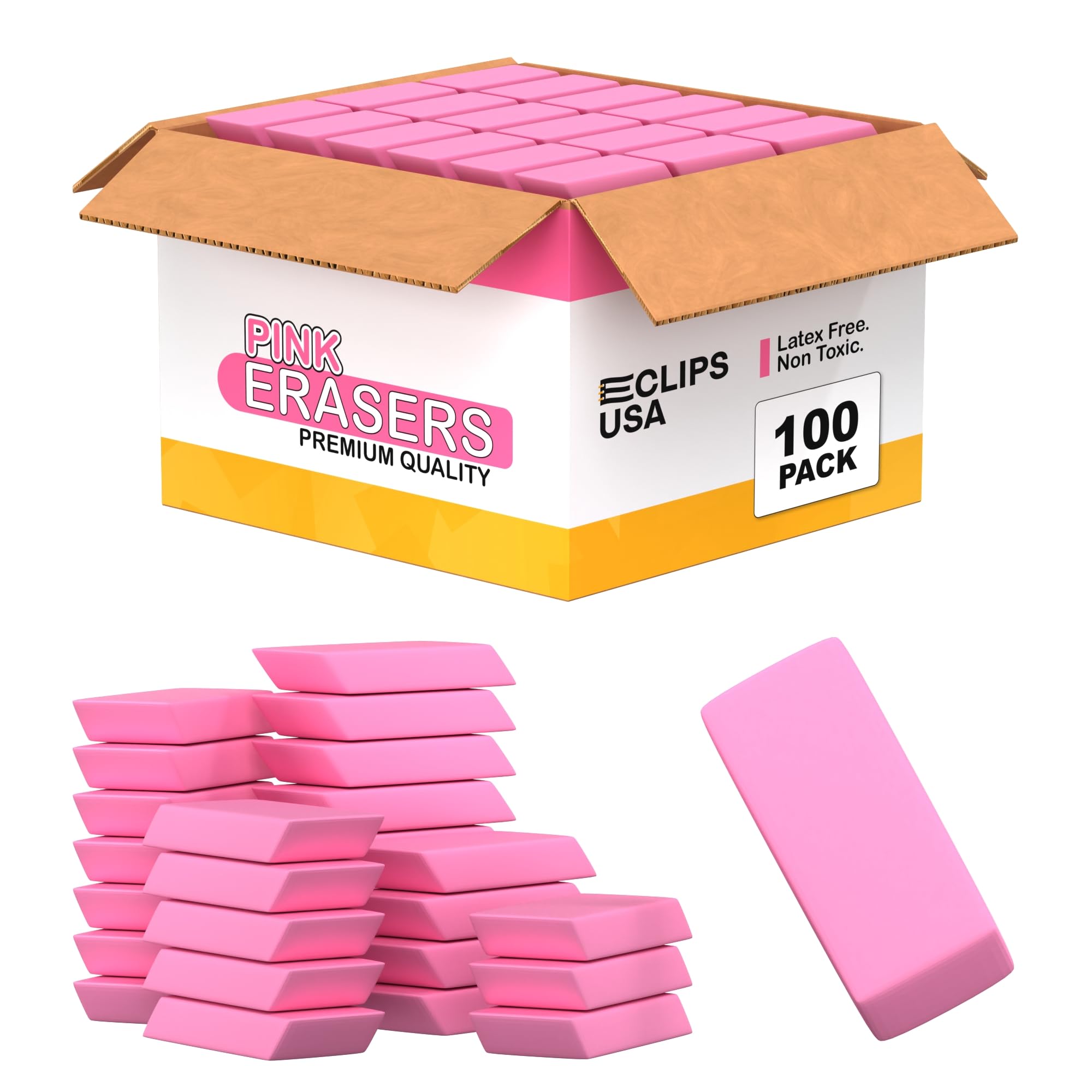 Bulk Pink Erasers - 100 Pack for School, Office & Art Supplies - Perfect for Kids, Students & Teachers - Classroom Essentials & Homework Help