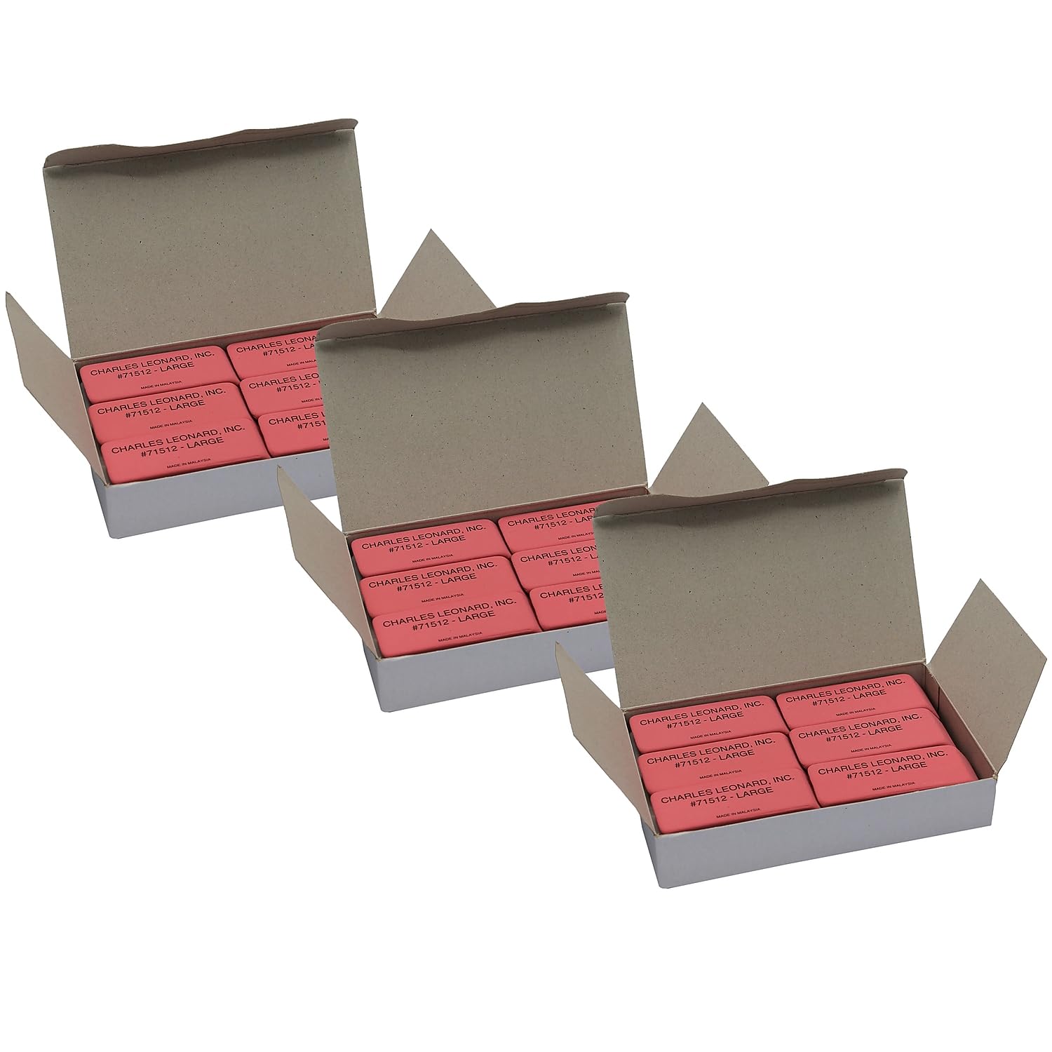 Charles Leonard Large Natural Rubber Pink Wedge Erasers - 36 Pack (12 Per Box, 3 Boxes) - Perfect for School, Office & Art Projects