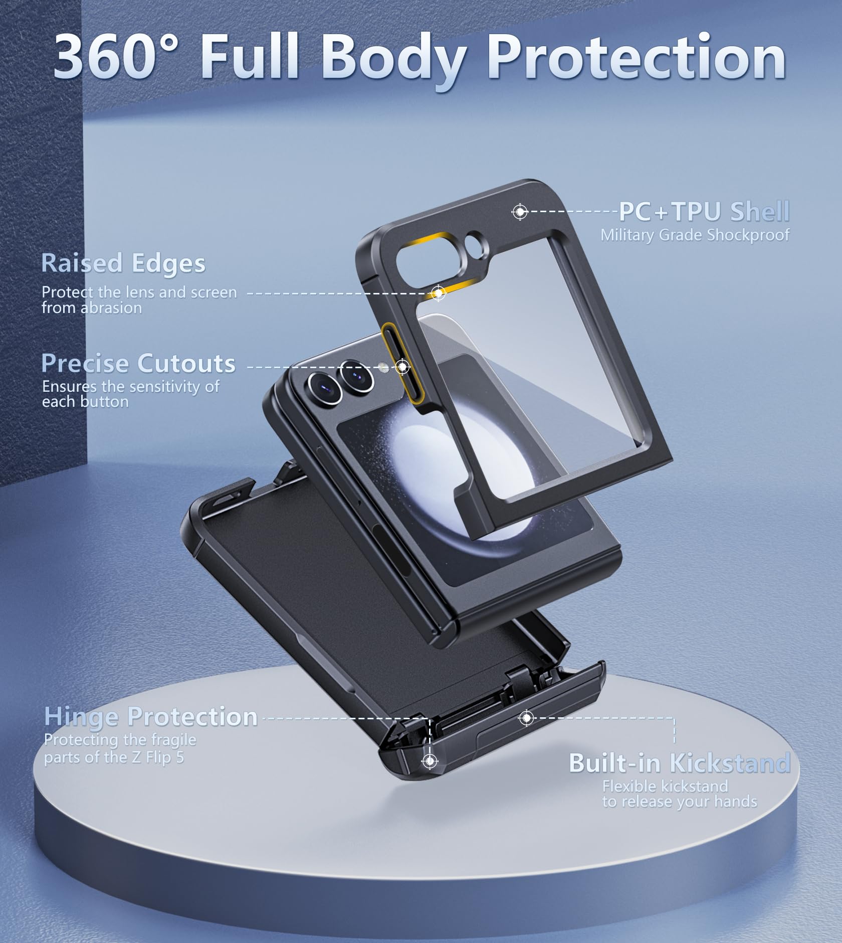 FNTCASE for Samsung Galaxy Z Flip 5 Case - Rugged Shockproof Protective Cover with Kickstand & Hinge Protection | Slim Full Body Drop Protection | Compatible with Samsung Z Flip 5 5G (2023) | Perfect for Outdoor Activities, Travel & Daily Use - Black