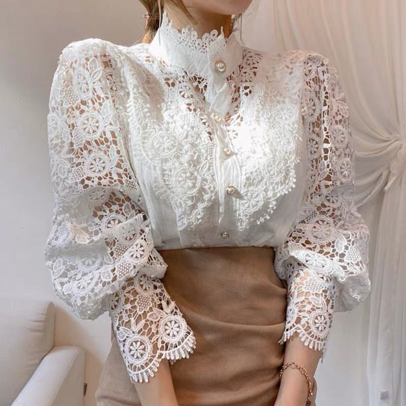 French Loose Lace Hollow Floral Long Sleeve Stand Collar Blouse for Women - Elegant Office Wear & Spring Fashion Top 724