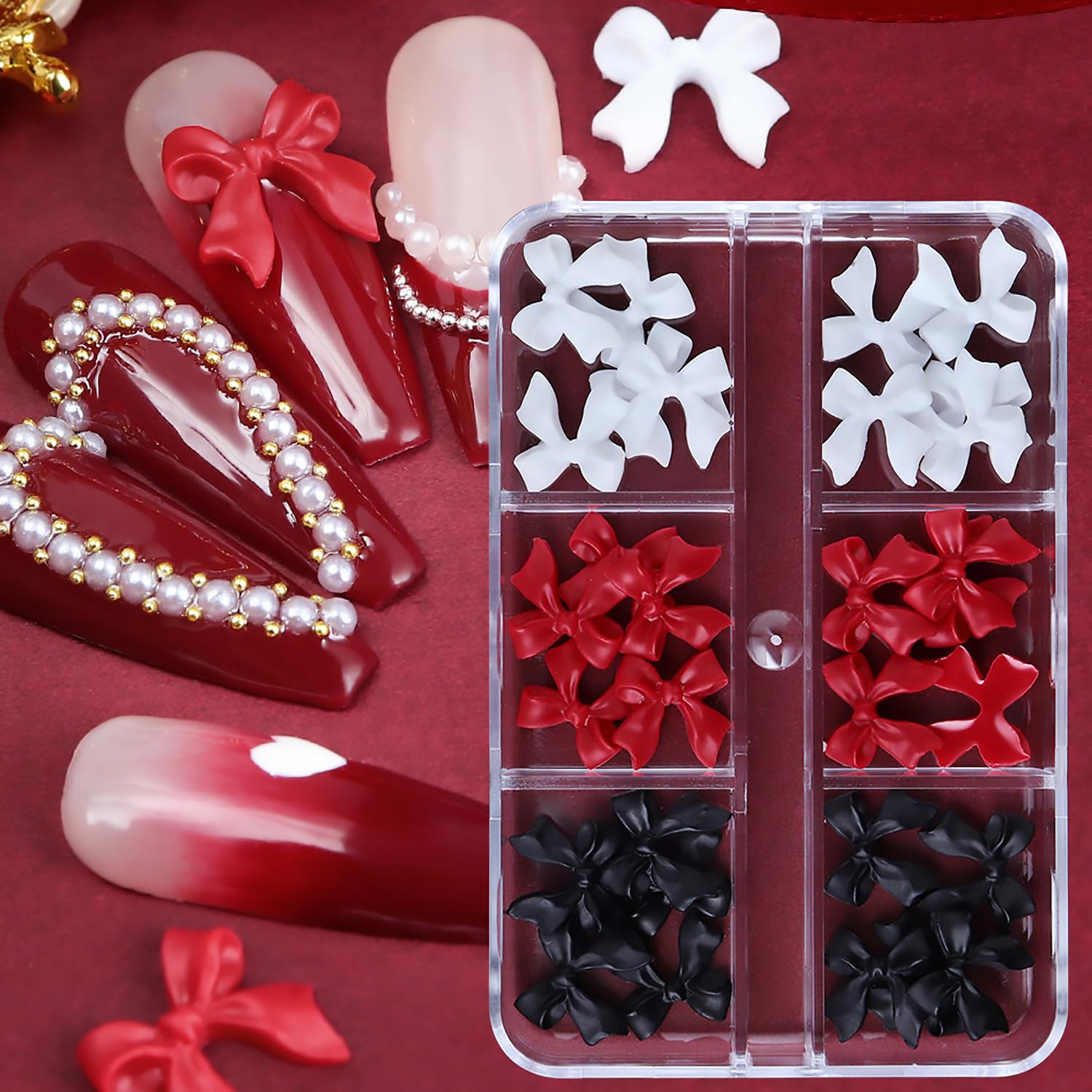 30 Pcs 3D Resin Bow Nail Charms - Black Red White Valentine's Day Nail Art Decorations for DIY Jewelry & Crafts | Perfect for Romantic Nail Designs, Bridal Manicures & Party Nail Art