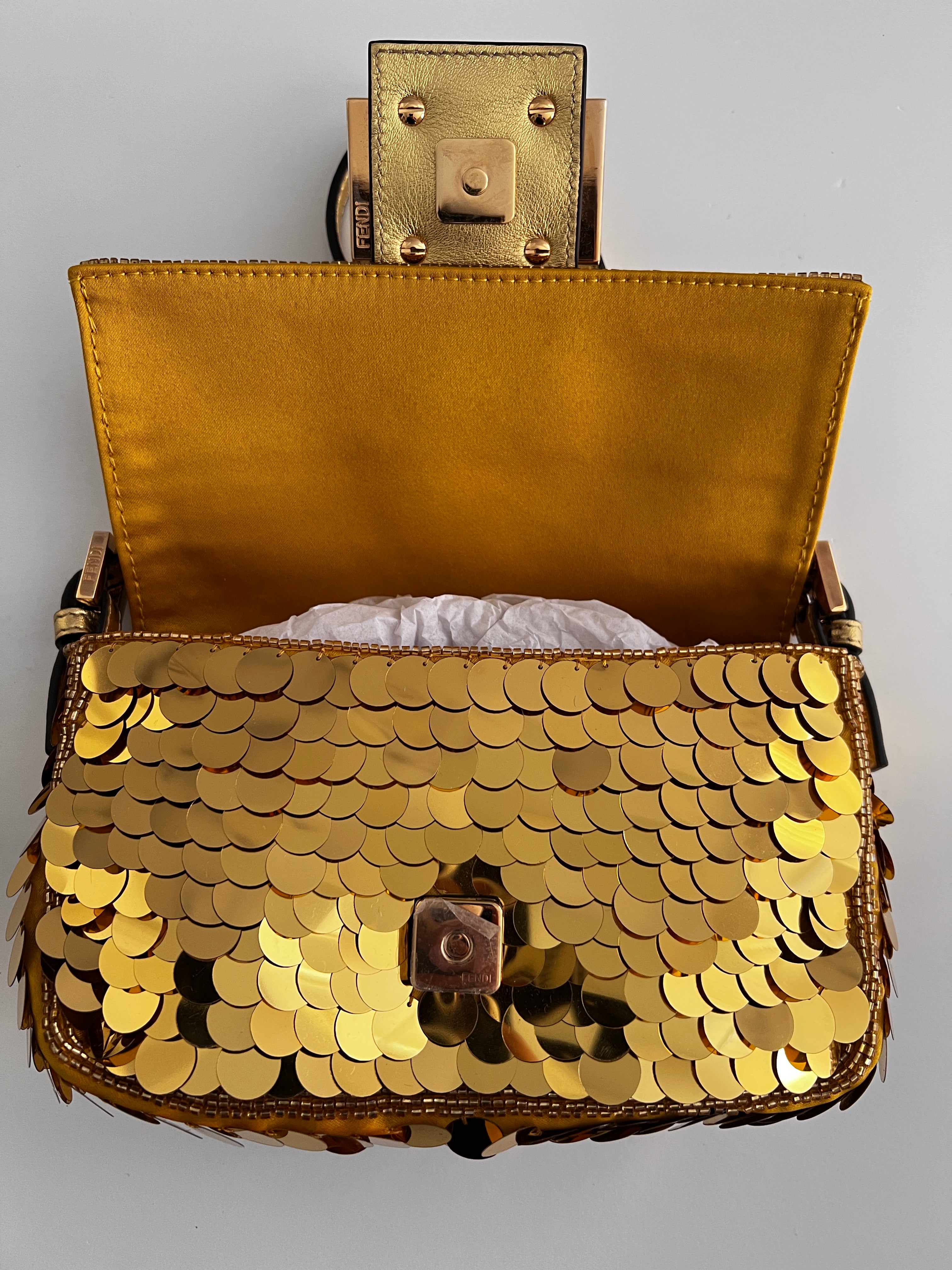 Vintage Fendi Mini Gold Paillettes Baguette Bag - Pre-Owned Luxury Shoulder Purse for Women | Perfect for Evening Parties, Weddings & Special Occasions