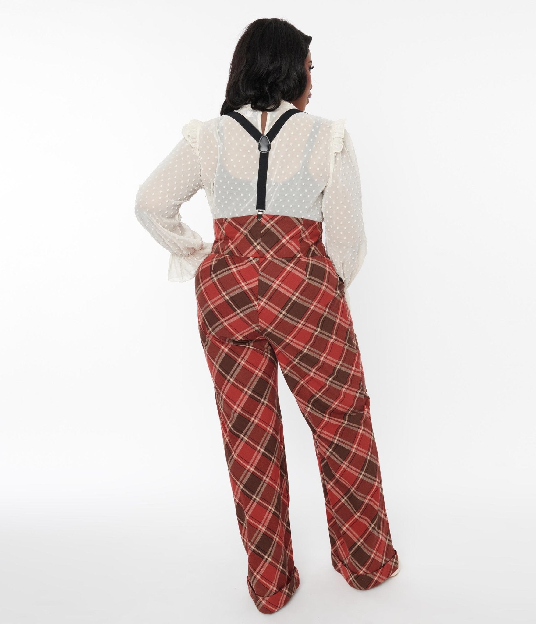Vintage 1940s Red & Brown Plaid Wide Leg Suspender Pants for Women - Retro High Waist Trousers with Adjustable Straps - Perfect for Cosplay, Themed Parties & Vintage Fashion Lovers