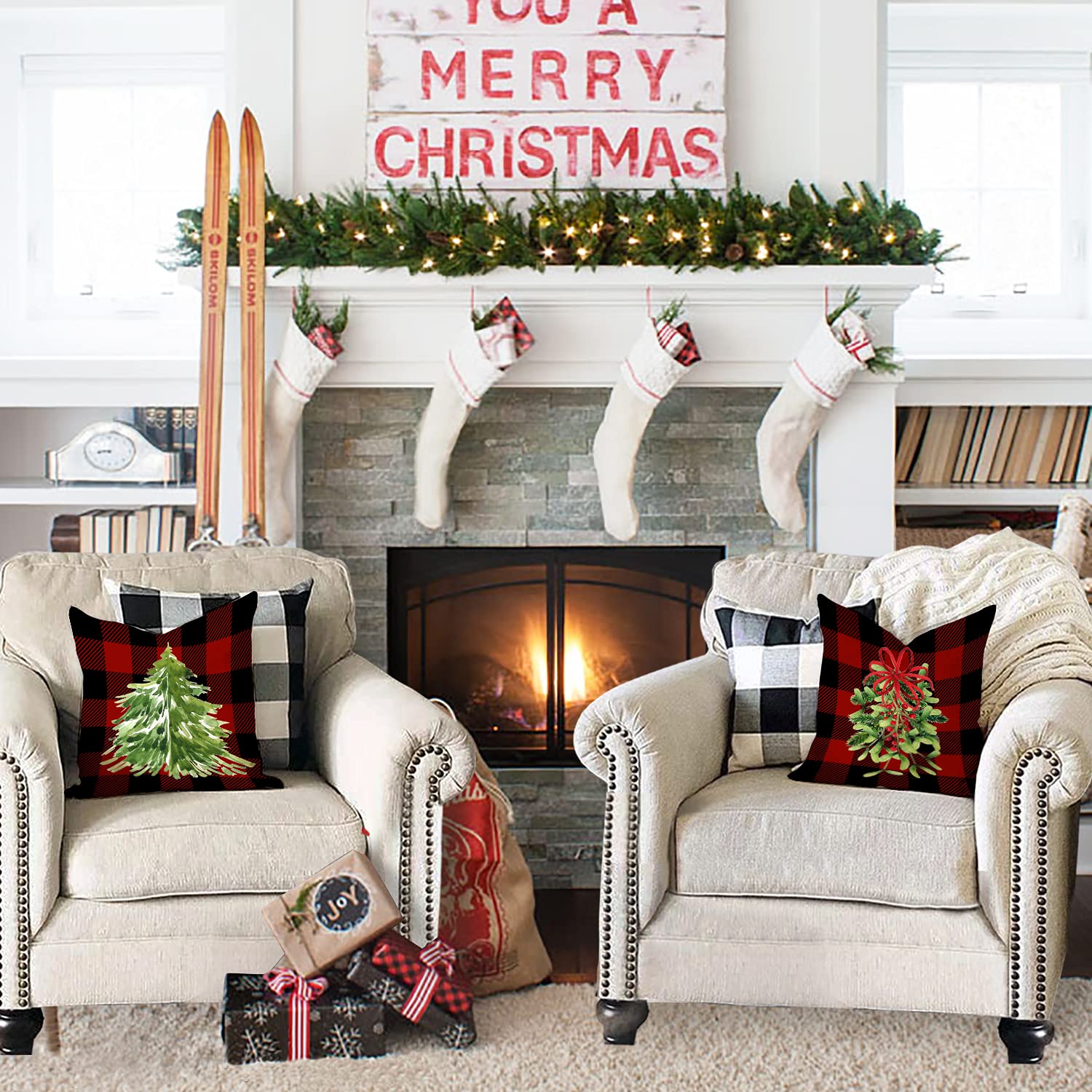Buffalo Plaid Christmas Pillow Covers Set of 4 - 18x18 Inch Farmhouse Holiday Decor with Mistletoe & Holly Design - Rustic Winter Throw Pillow Cases for Couch, Sofa & Bedroom Decor (Red)