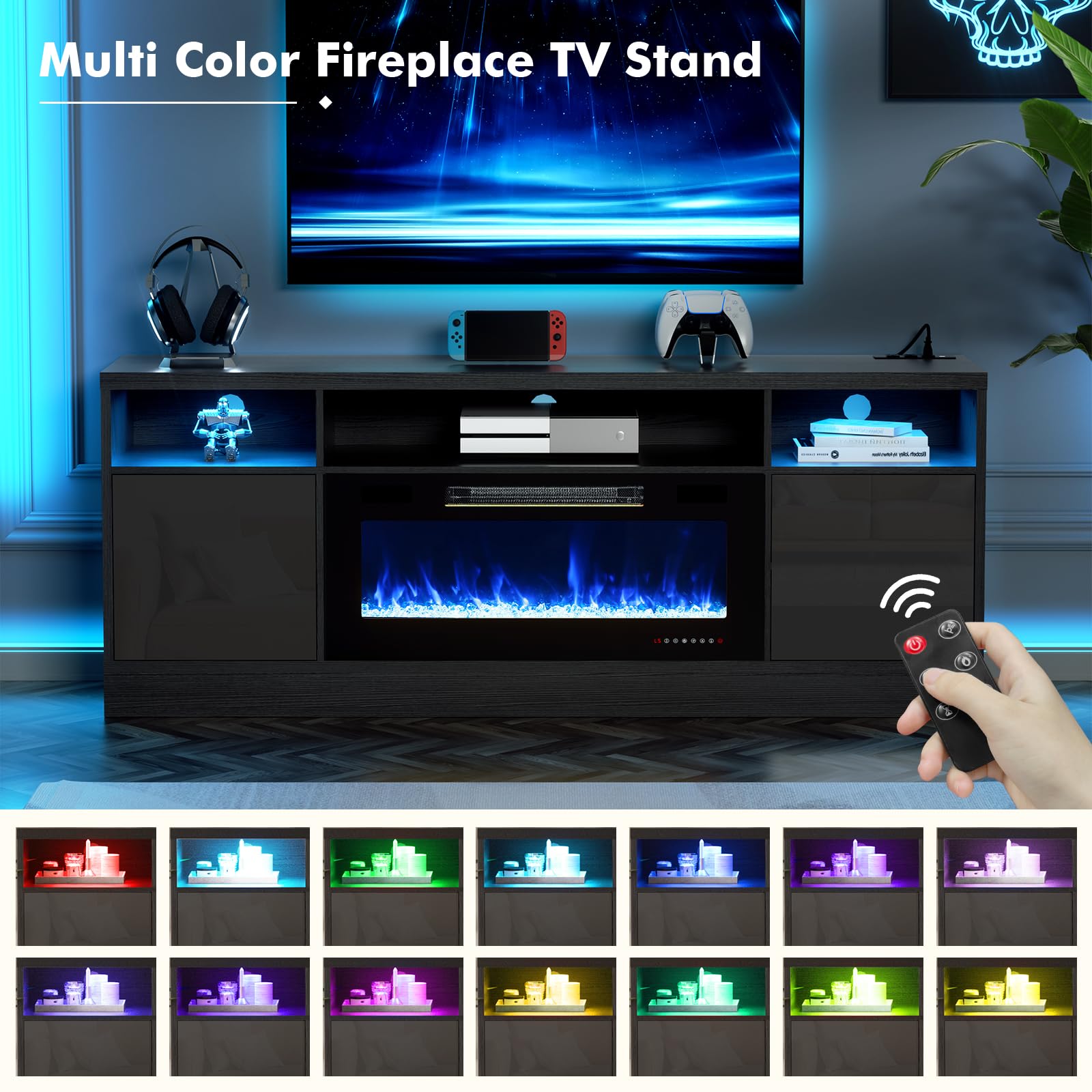 BREEZEHEAT 70 Inch TV Stand with Electric Fireplace - LED Entertainment Center for 80 Inch TVs - Modern TV Console with Storage Cabinets & Power Outlets - Black - Perfect for Living Room Home Theater Setup