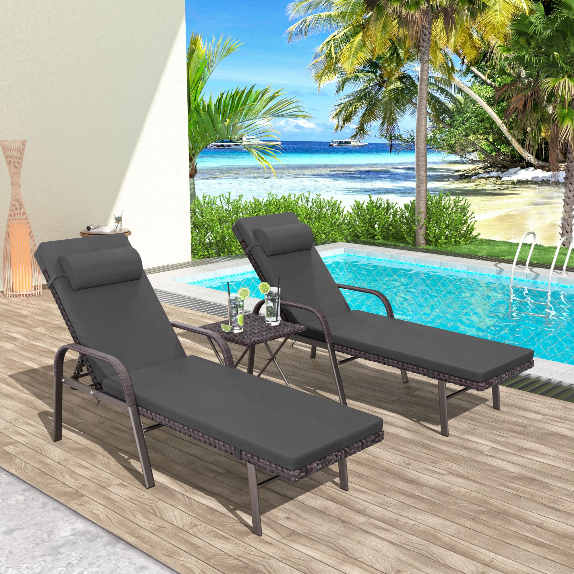 3-Piece Patio Chaise Lounge Set with Cushions - Adjustable Rattan Backrest & Folding Table - Outdoor Poolside Chairs for Porch, Backyard, Beach - Grey (Perfect for Relaxing by the Pool or Garden)