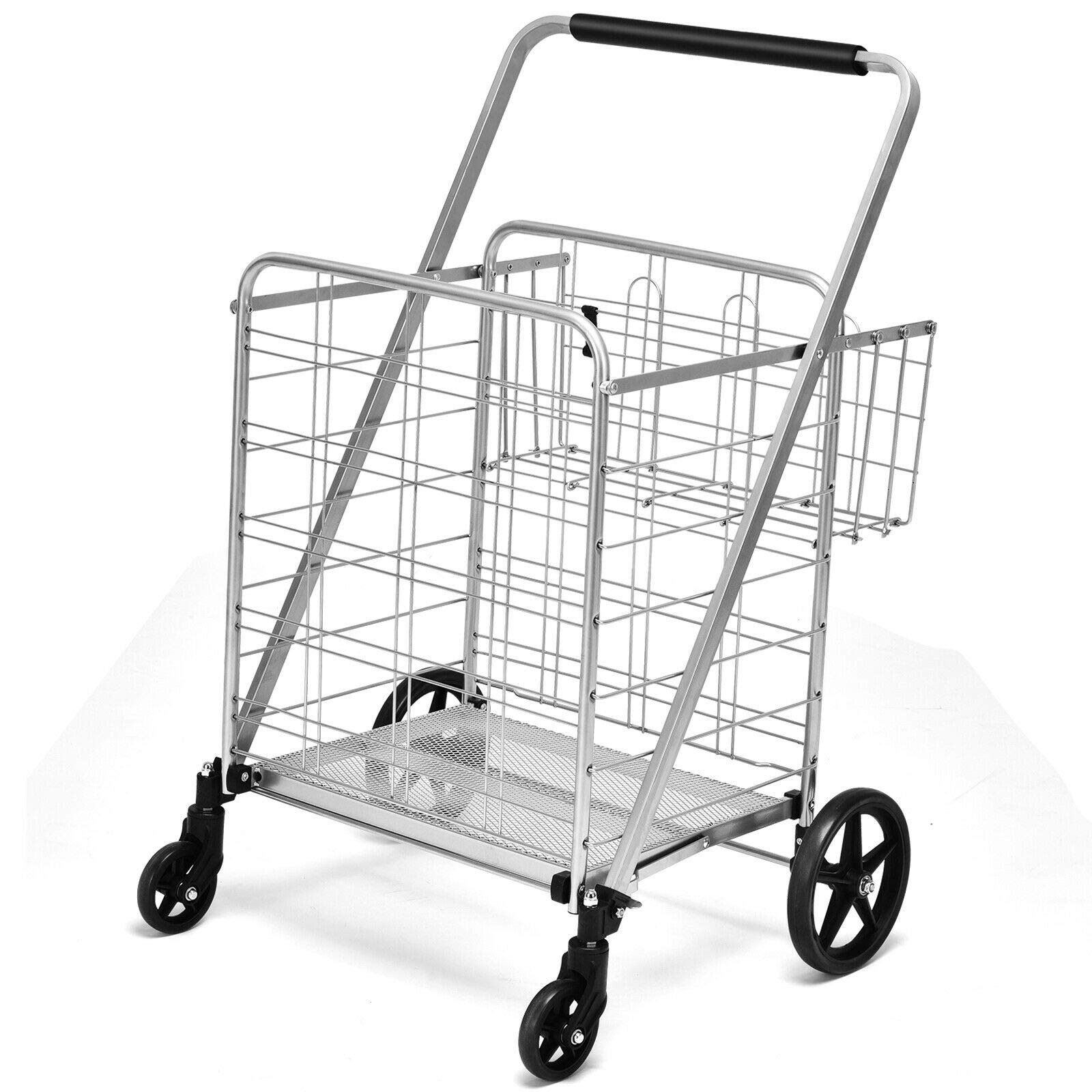 Silver Folding Grocery Shopping Cart - Heavy Duty Steel Rolling Utility Cart with Spacious Front Basket & Extra Back Basket - Perfect for Grocery Shopping, Laundry, Gardening & Outdoor Use