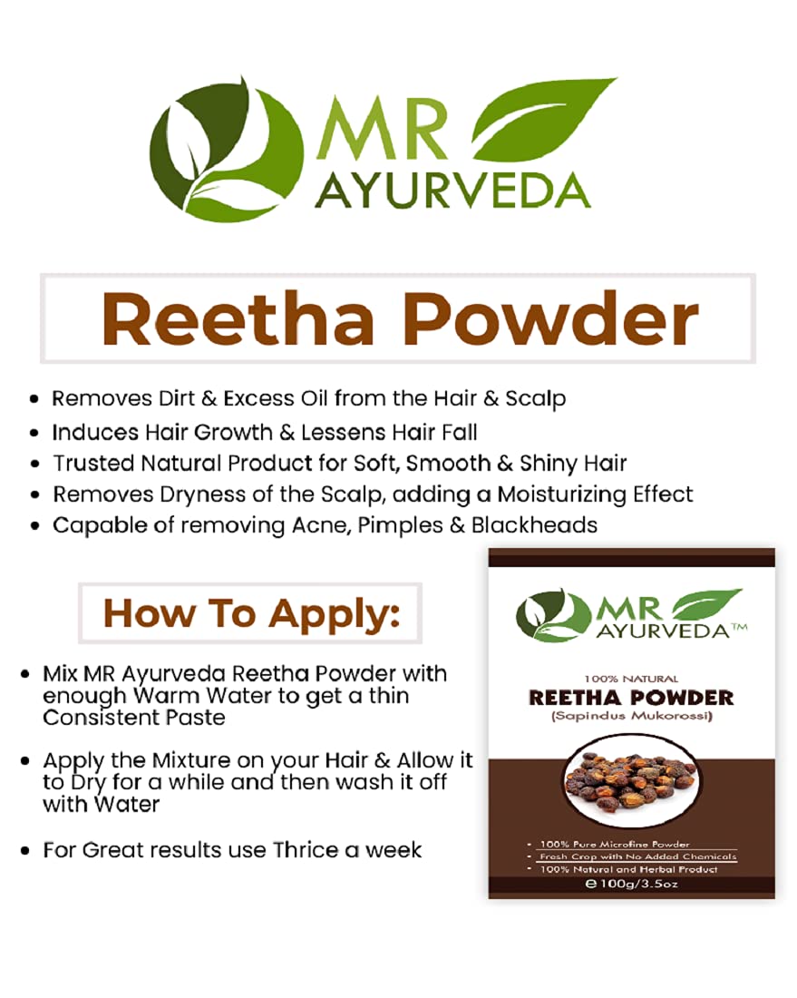MR Ayurveda 100% Pure Organic Reetha Powder for Hair, Skin & Face - Natural Soapnut Powder for Cleansing, Shampoo & Skincare - 100g | Perfect for DIY Hair Care, Facial Masks & Natural Cleansing