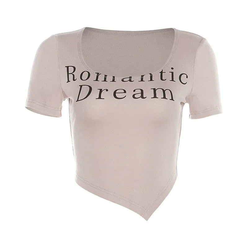 Women's Asymmetrical Crop Tops with Letter Print - Trendy Graphic Tees for Streetwear | 2023 Spring Summer Fashion | Perfect for Casual Outings, Music Festivals & Daily Wear