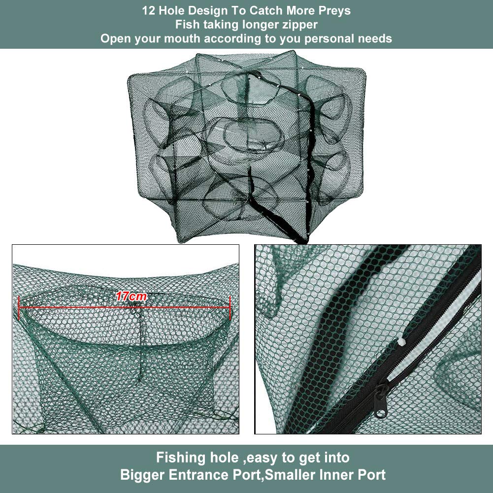 Foldable Fishing Net Trap with 6/12 Holes - Automatic Shrimp Cage, Nylon Crab & Fish Trap for Casting (12 Holes) - Perfect for Freshwater & Saltwater Fishing, Camping, and Outdoor Adventures