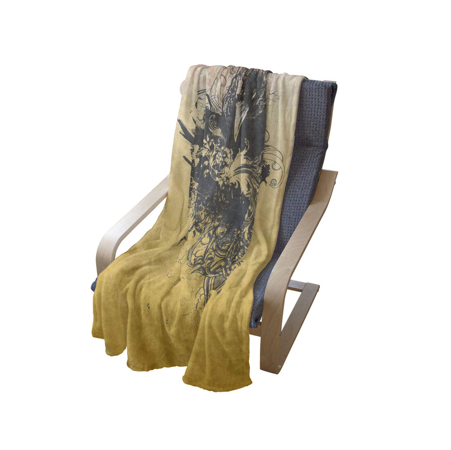 Ambesonne Halloween Throw Blanket - Black & Mustard Wicked Crow & Ornate Flowers Flannel Fleece Blanket (60