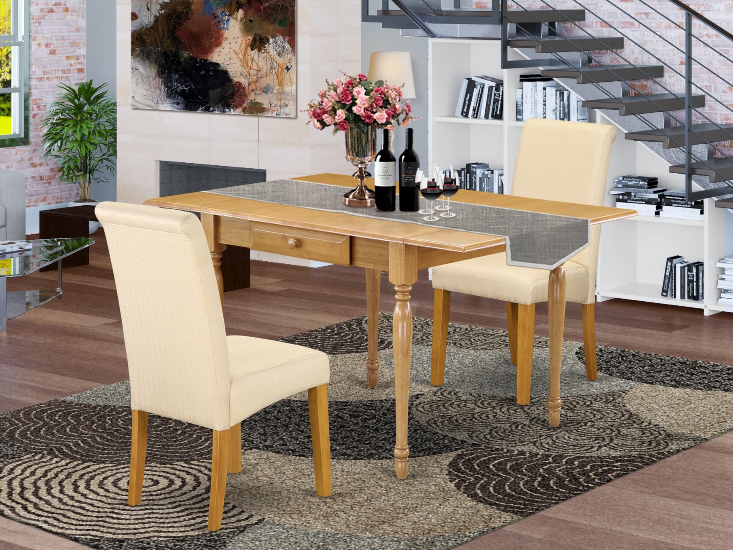 East West Furniture 3-Piece Kitchen Table & Chairs Set - 36x54 Inch Oak Rectangle Dining Table with Drop Leaf & 2 Light Beige Linen Parsons Chairs (MZBA3-OAK-02) | Perfect for Small Spaces, Breakfast Nooks & Cozy Dining Areas