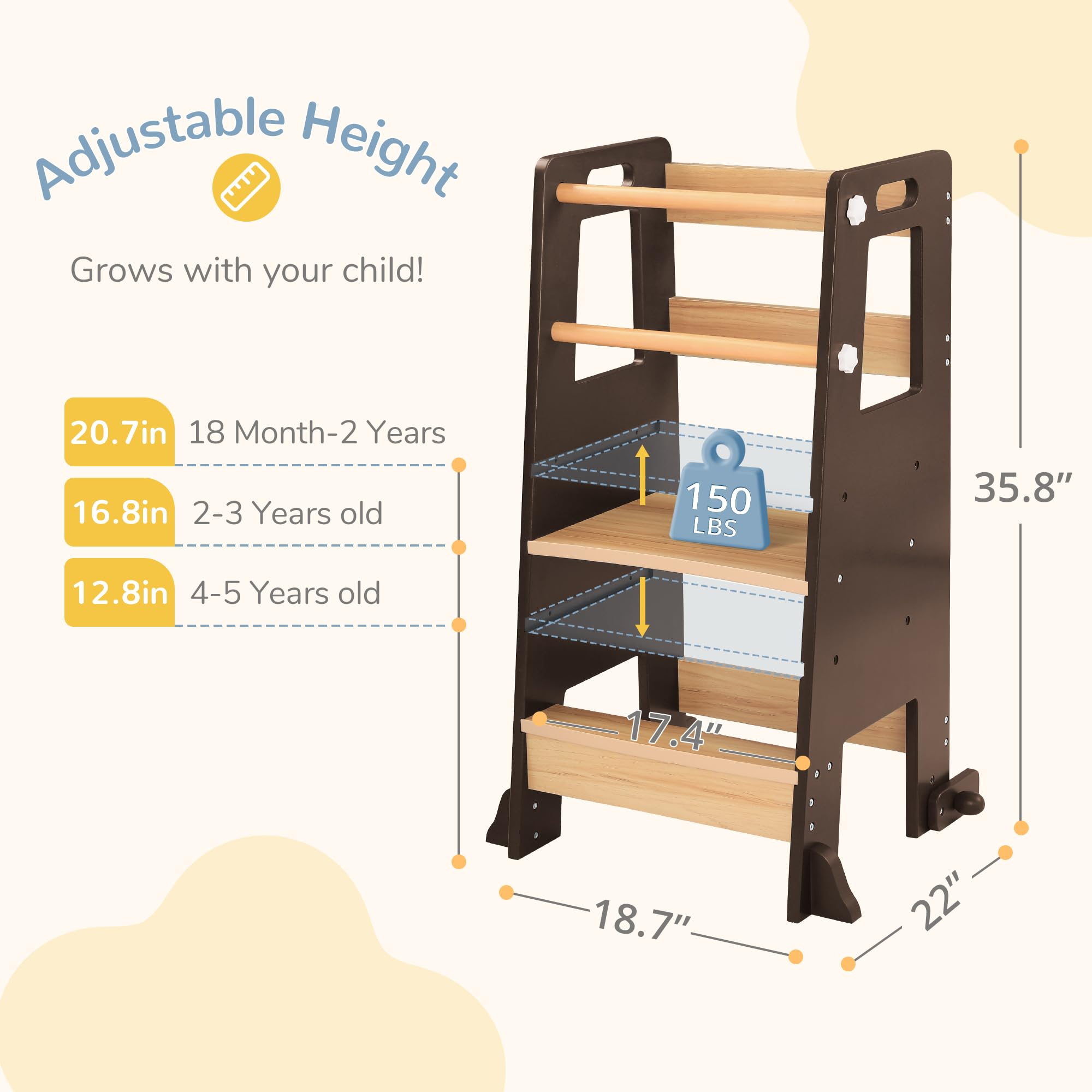 **Adjustable Toddler Step Stool with Safety Rails - Dark Natural Wood Kitchen Helper Tower for Kids - Perfect for Cooking, Bathroom Sink & Bedroom Climbing**