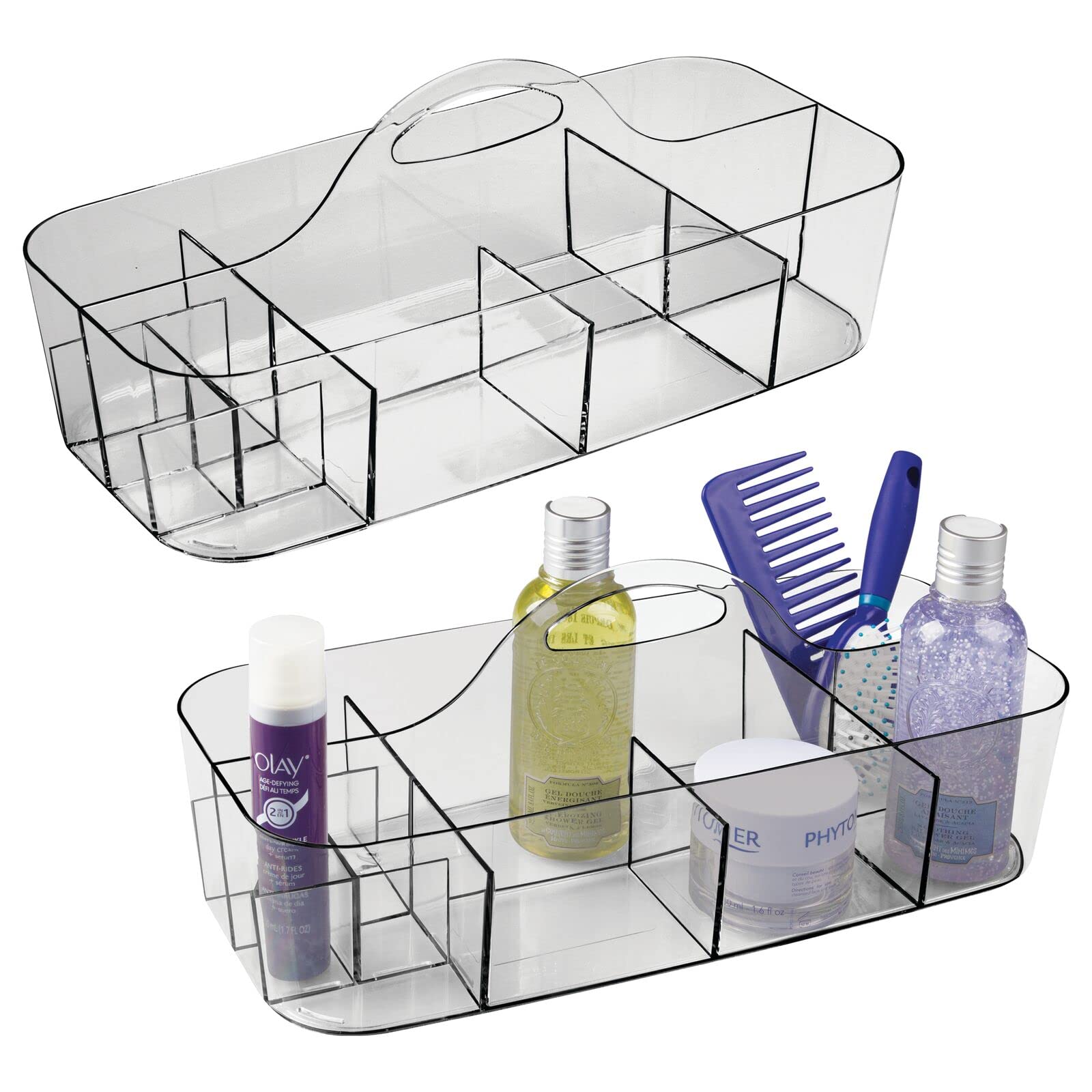 mDesign Plastic Bathroom Storage Organizer Caddy Tote - 2 Pack Smoke Gray Shower Basket with Handle for Soap, Shampoo & Toiletries | Dorm, Bathroom & Travel Organization | Lumiere Collection