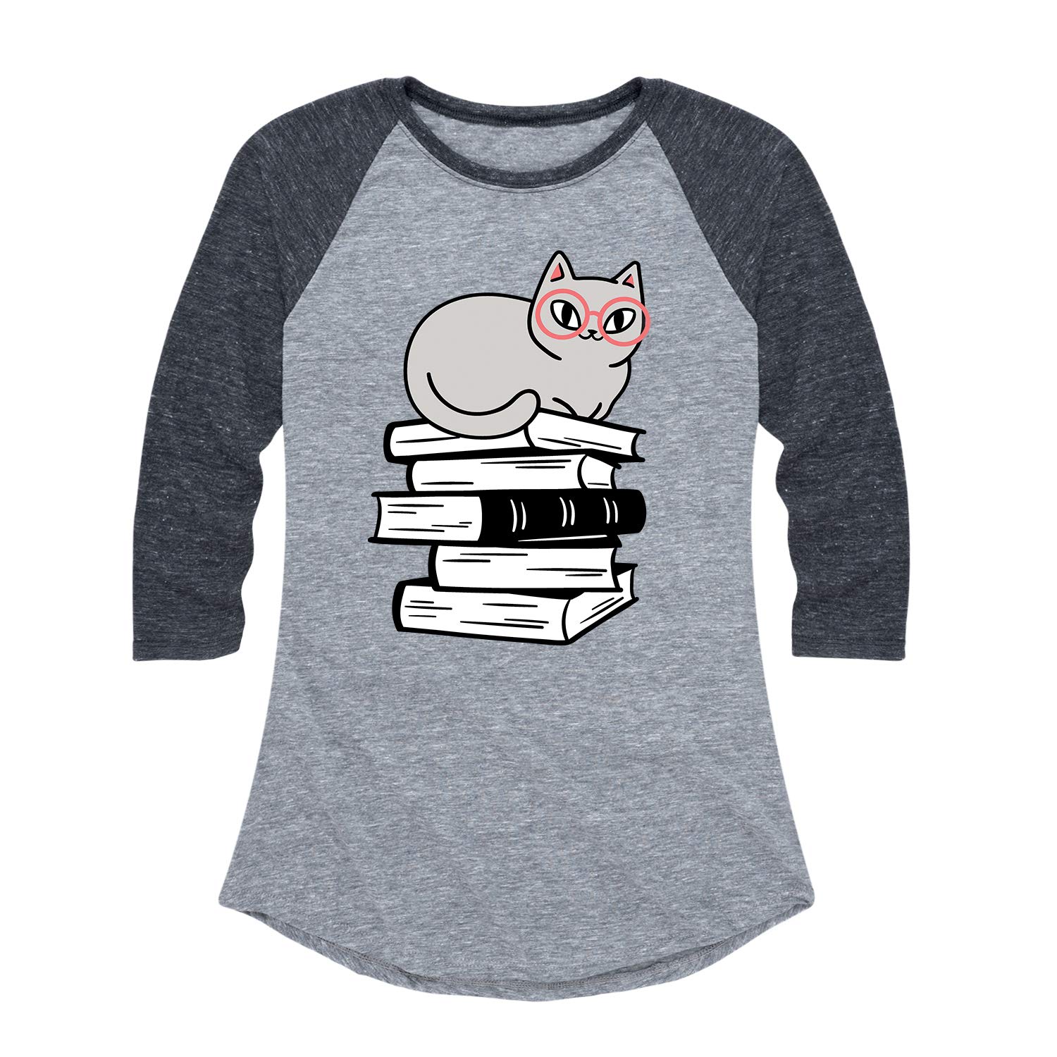 Women's Cat On Books Graphic Raglan T-Shirt - Cute & Comfortable Casual Tee for Book Lovers - Perfect for Reading, Lounging & Everyday Wear