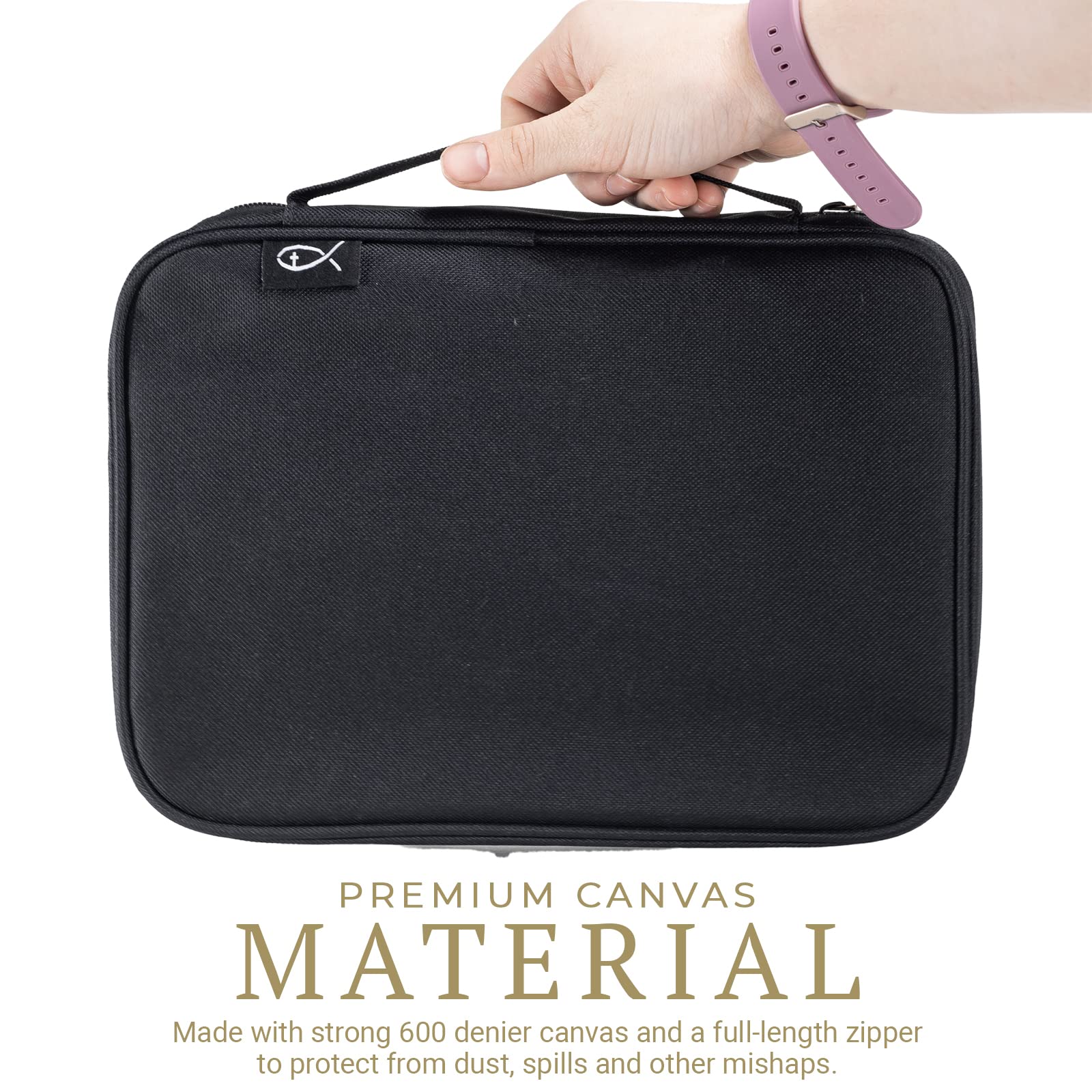 Divinity Canvas Bible Cover - Black Zippered Case with Pockets for Men & Women - Fits 8.25