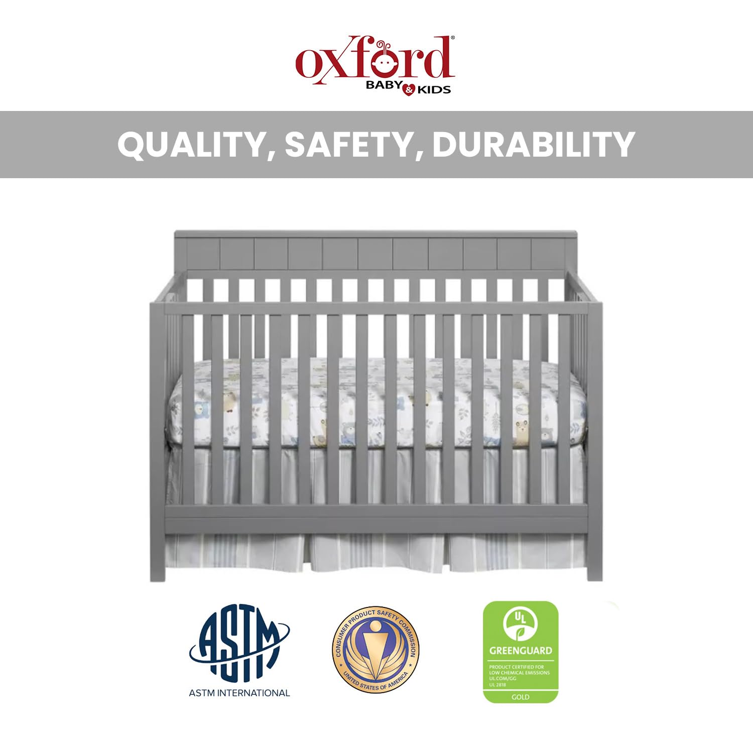 Oxford Baby Logan 4-in-1 Convertible Crib - GREENGUARD Gold Certified, Safe Non-Toxic Nursery Furniture for Newborn to Toddler (Dove Gray) | Perfect for Small Spaces, Daycare Centers & Modern Nursery Decor