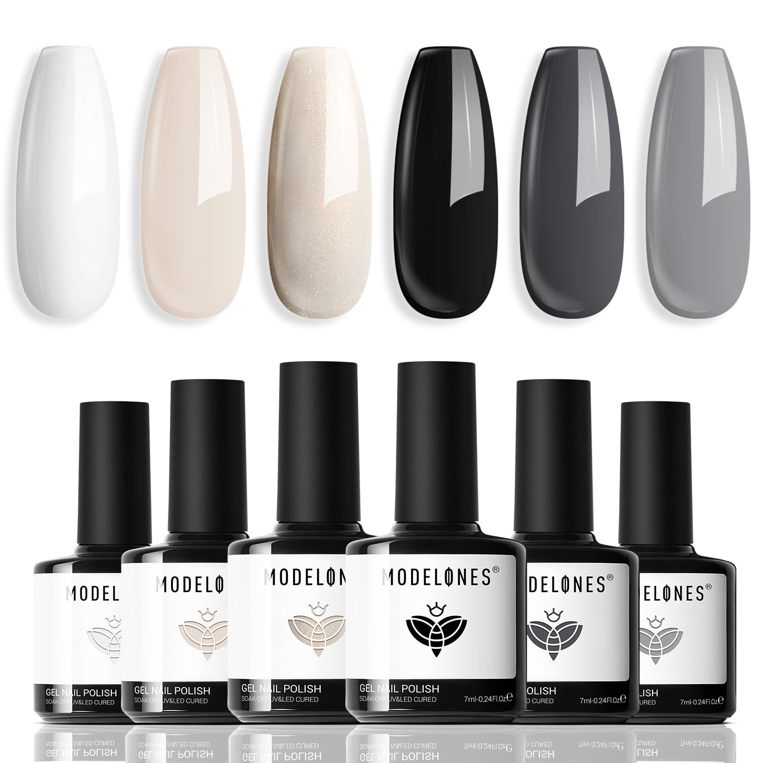 Modelones 6 Colors Gel Nail Polish Set - Black, Milky White, Nude, Gray with Glitter | Soak Off UV LED Nail Kit for DIY Manicure at Home | Perfect for Nail Art, Salon Gifts & Party Looks