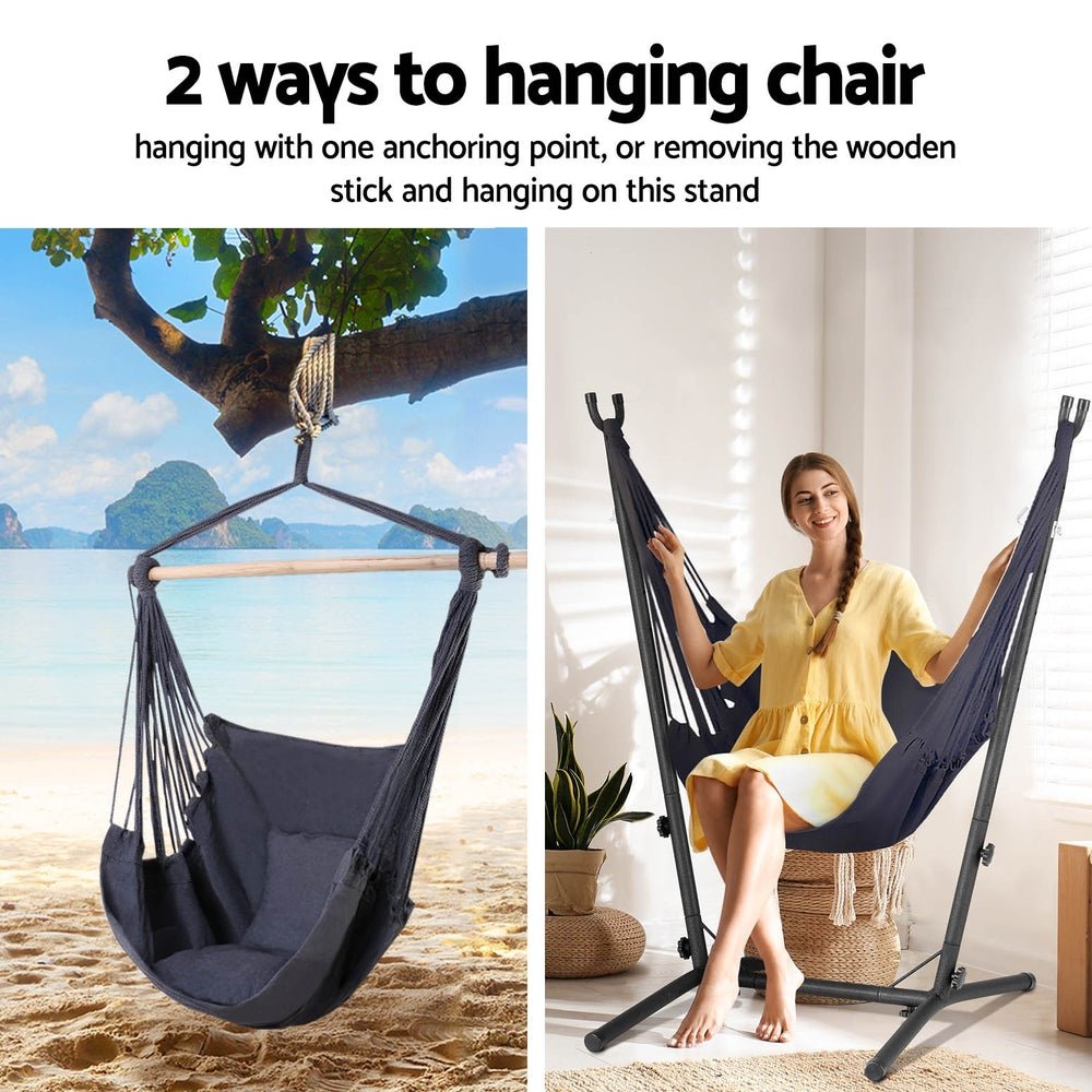 Comfortable Grey Hammock Chair with Stand for Outdoor Camping, Backyard Relaxation & Patio Lounging - Perfect for Garden, Balcony and Indoor Use
