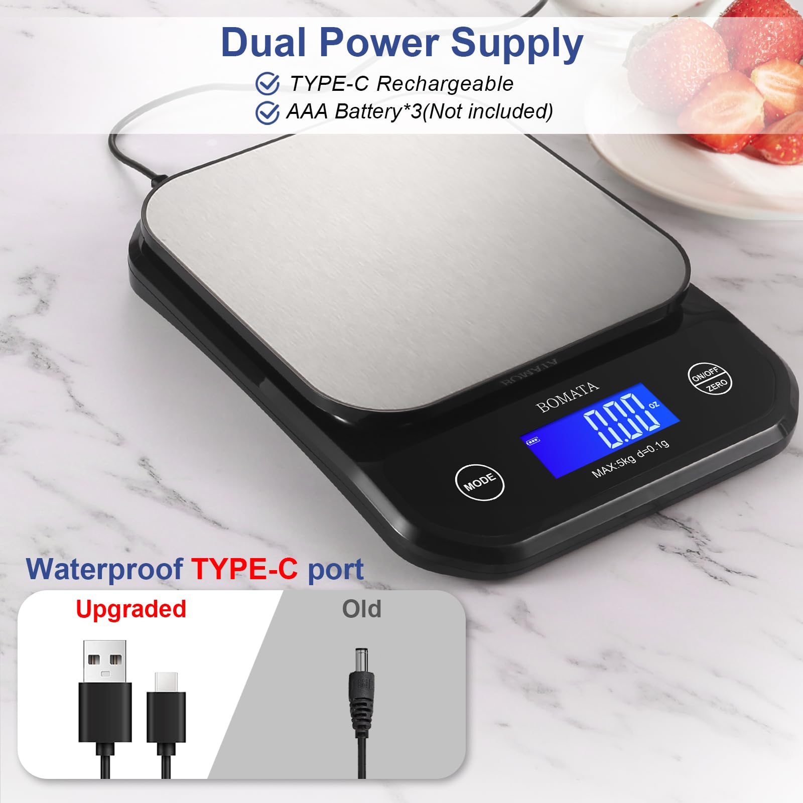BOMATA Digital Kitchen Scale - 0.1g/0.01oz High Precision, 5kg/11lb Capacity, Waterproof & Washable, USB Rechargeable - Perfect for Food Measuring, Cooking, Baking, Weight Loss & Meal Prep