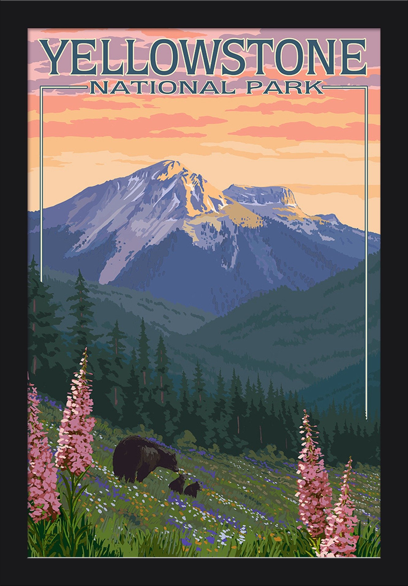 Yellowstone National Park Bear & Spring Flowers Giclee Fine Art Print - 16x24 Inches, Recycled Wood Frame in Black - Perfect for Home, Office & Gallery Wall Decor